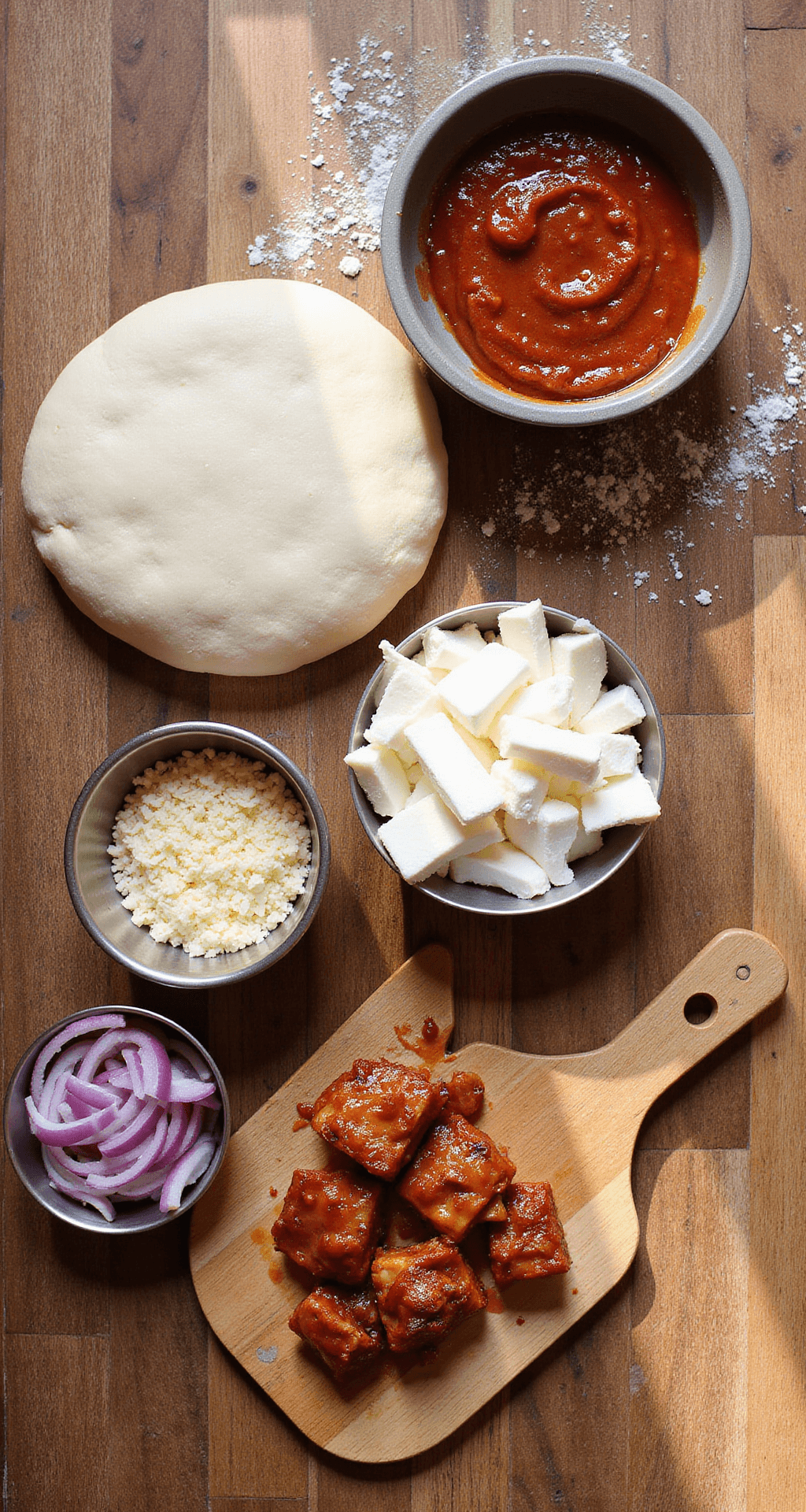 BBQ Chicken Pizza: The Ultimate Homemade Crowd-Pleaser Overhead view of a rustic wooden countertop displaying fresh pizza dough, BBQ sauce in a ceramic bowl, shredded mozzarella and smoked gouda in vintage metal bowls, sliced red onions on a cutting board, and BBQ-glazed chicken, with natural light illuminating the scene and a dusting of flour present.