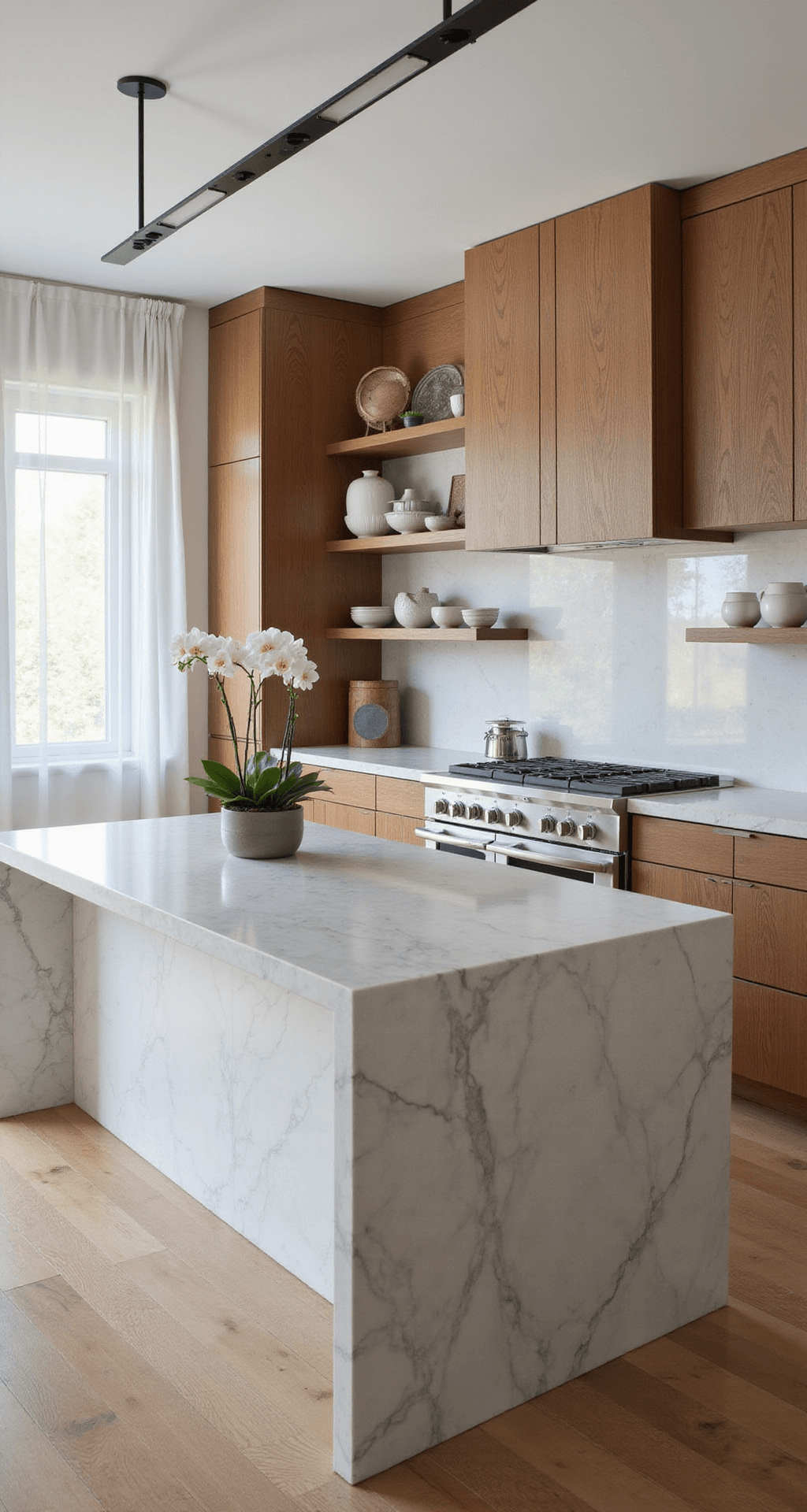 Hickory Kitchen Cabinets: Bringing Natural Warmth to Your Culinary Space A spacious contemporary kitchen featuring hickory cabinetry, a minimalist marble island, and artisanal ceramic decor, illuminated by soft afternoon light filtering through sheer curtains.
