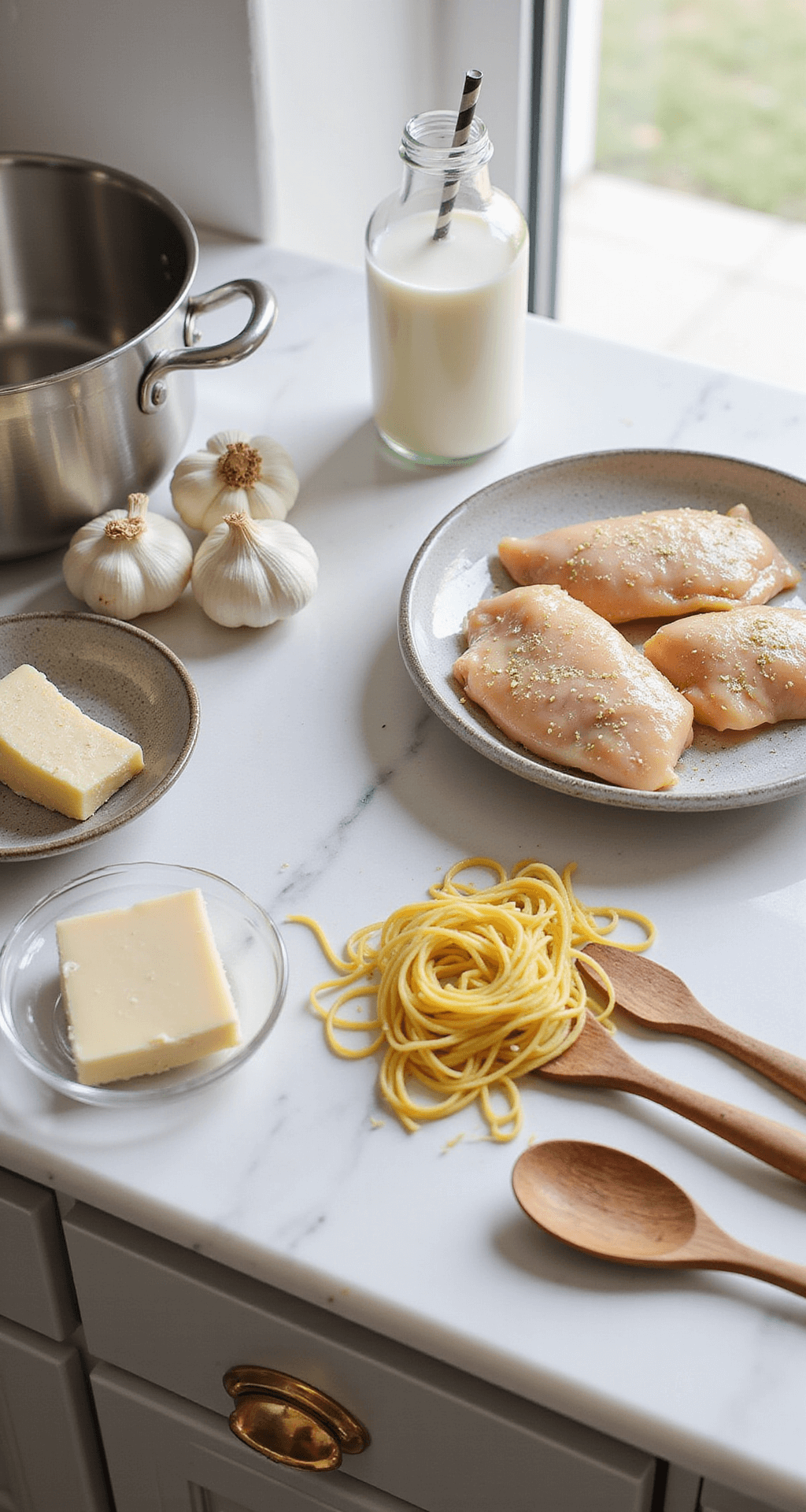 The Ultimate Chicken Fettuccine Alfredo: Creamy, Dreamy Pasta Perfection Overhead view of a marble countertop featuring chicken breasts, heavy cream, parmesan cheese, garlic, and fettuccine, surrounded by professional cookware and wooden utensils in soft natural light.
