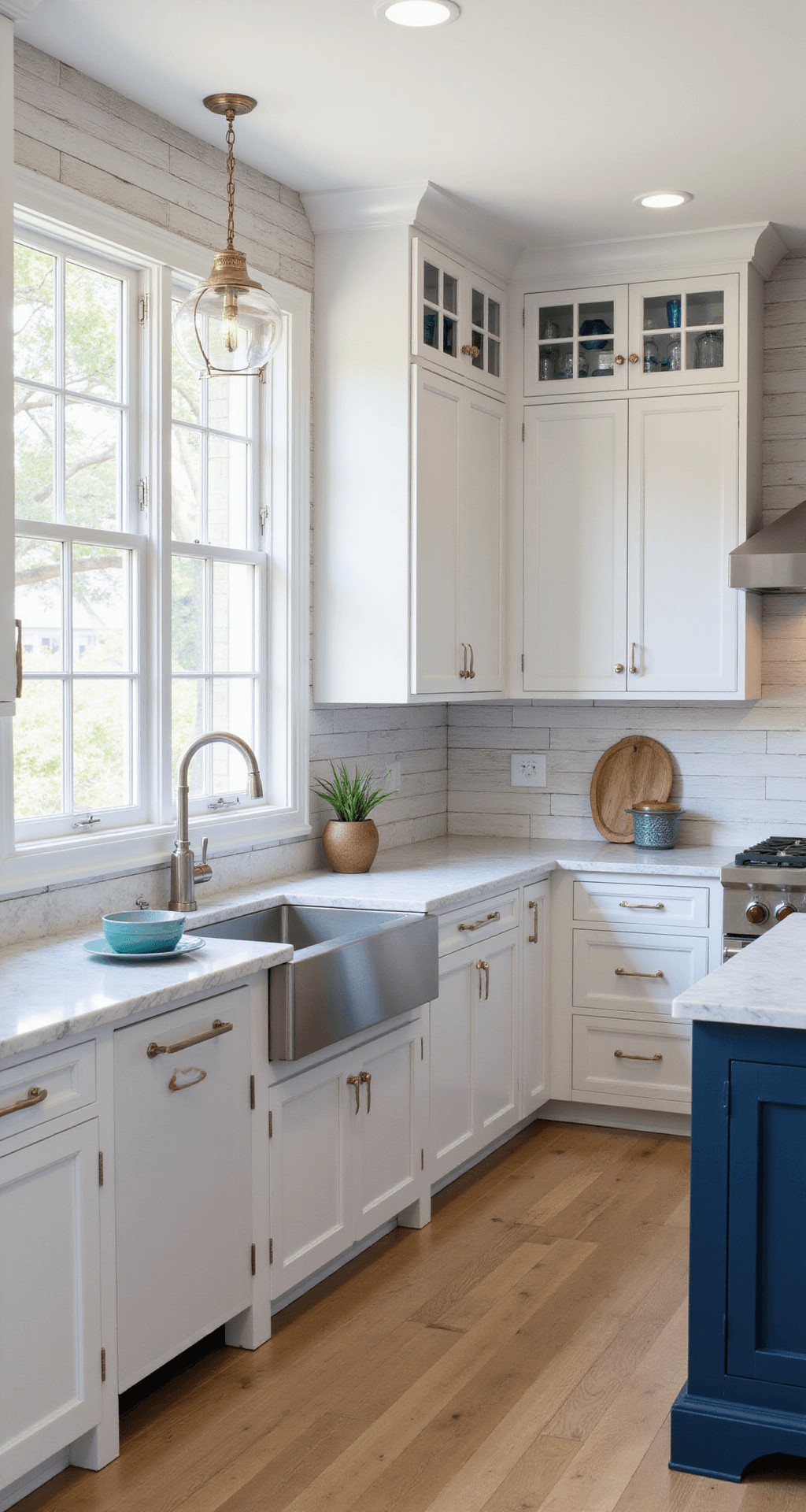 Hickory Kitchen Cabinets: Bringing Natural Warmth to Your Culinary Space Bright coastal kitchen featuring whitewashed hickory cabinets, a navy island with a marble top, and shiplap ceiling, illuminated by afternoon sunlight from sea-facing windows. The design includes glass-front upper cabinets, coastal artifacts, and woven textures, creating an airy atmosphere with colors of weathered white, navy, sea glass blue, and sandy beige.