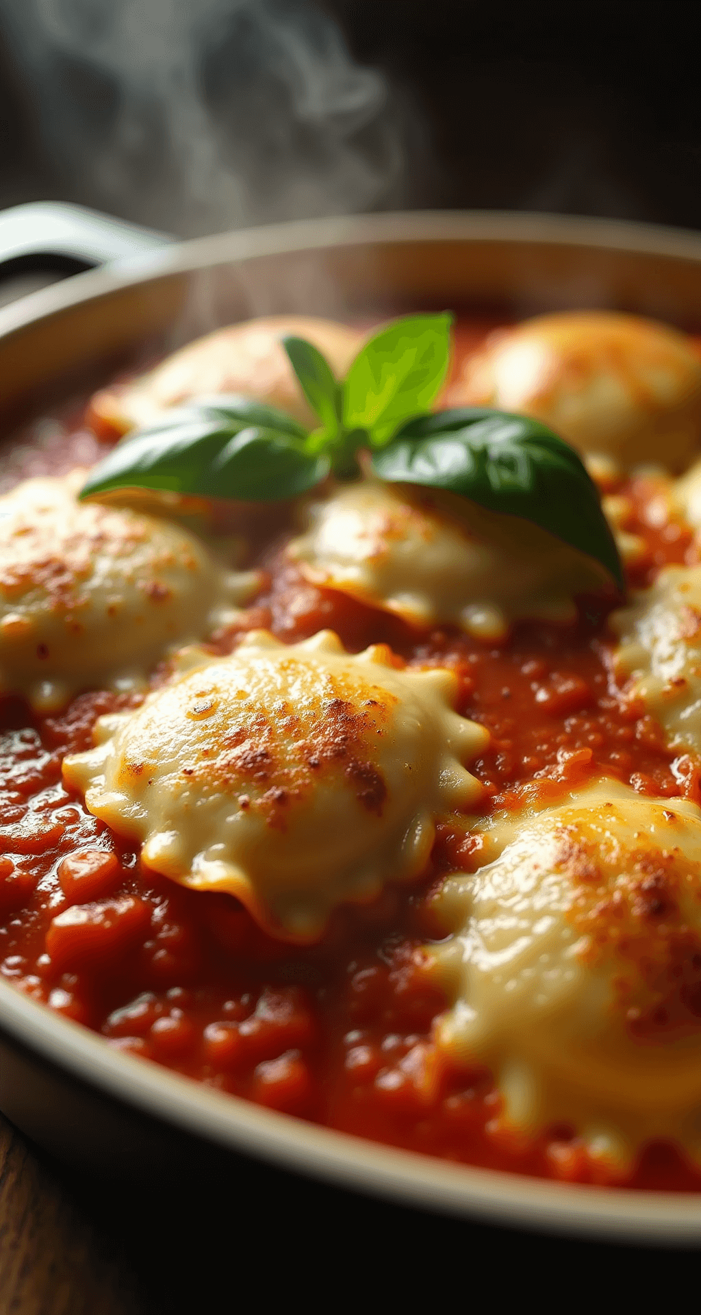 Cheesy Baked Cheese Ravioli with Marinara: The Ultimate Comfort Pasta Dinner Close-up of a golden-brown baked ravioli dish with bubbling melted cheese, garnished with fresh basil, showcasing crispy cheese and rich red sauce underneath, with steam rising in warm lighting.