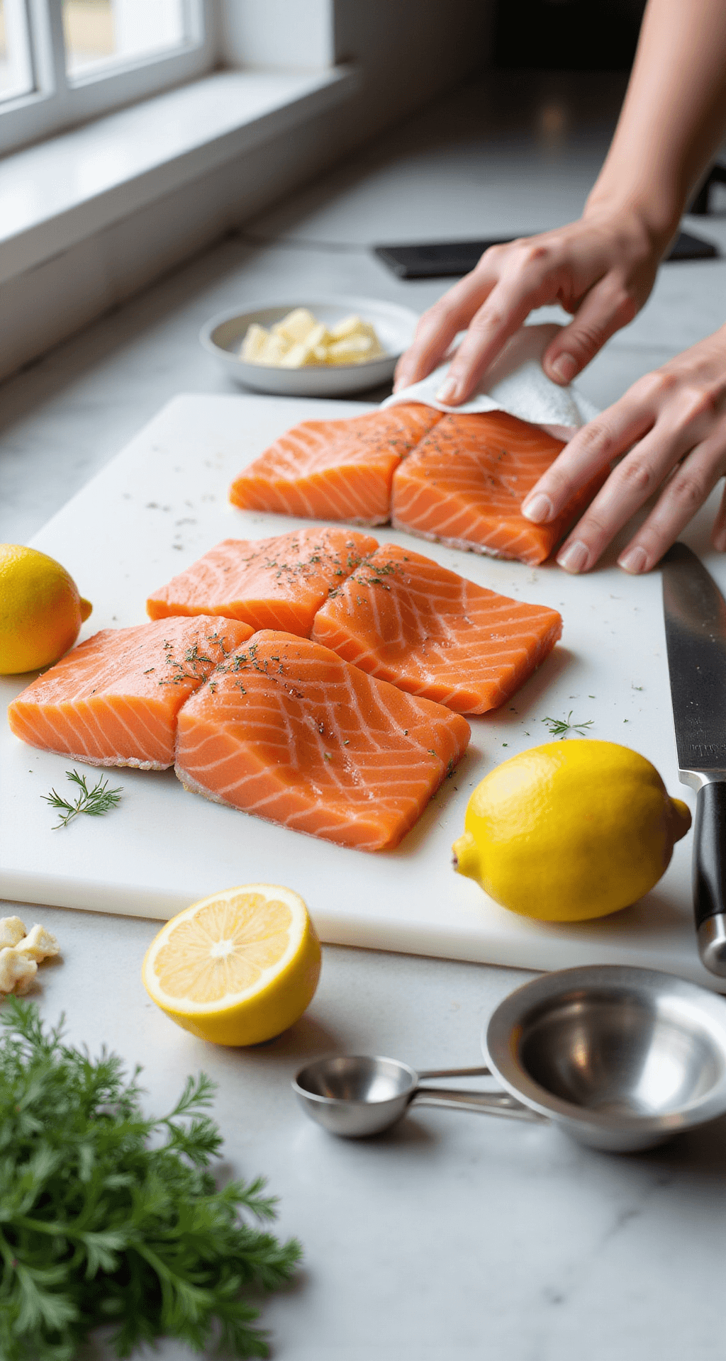 LEMON DILL SALMON: A FRESH, ELEGANT SEAFOOD SENSATION A professional kitchen with natural light, showcasing raw salmon fillets on a white marble countertop alongside fresh dill, lemons, and minced garlic, with a chef's hand drying the salmon and kitchen tools nearby.