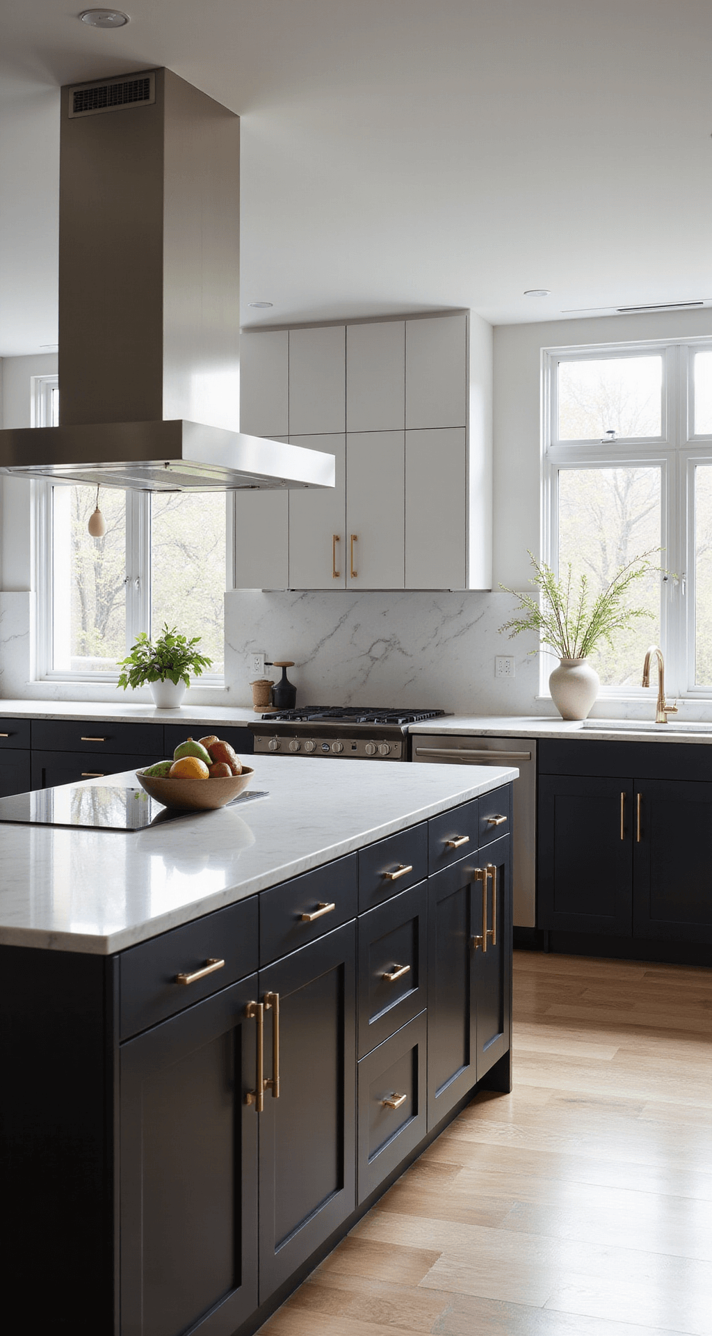 Two-Tone Kitchen Cabinets: The Ultimate Guide to Stylish Color Combinations Wide-angle view of a modern black and white kitchen featuring floor-to-ceiling windows, a marble waterfall island, and contrasting matte black lower cabinets with glossy white upper cabinets, enhanced by brushed gold hardware and pendant lights, all bathed in early morning sunlight.
