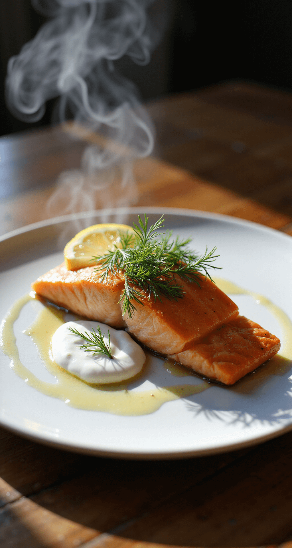 LEMON DILL SALMON: A FRESH, ELEGANT SEAFOOD SENSATION Elegantly plated salmon with a golden-brown sear on a white ceramic plate, garnished with dill and lemon slices, accompanied by a creamy yogurt-dill sauce, with steam rising in warm lighting.