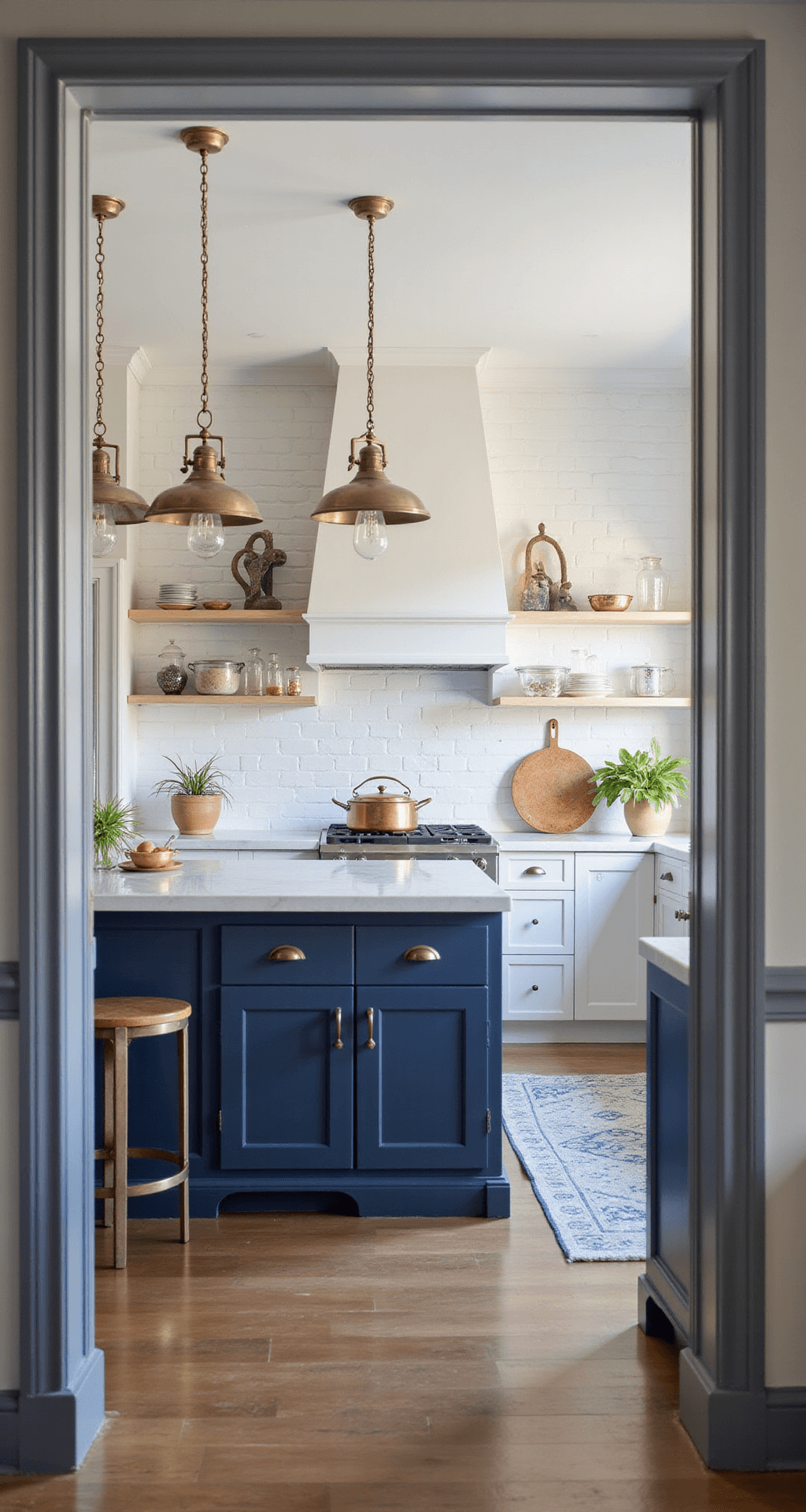 Two-Tone Kitchen Cabinets: The Ultimate Guide to Stylish Color Combinations A transitional kitchen featuring navy blue shaker-style base cabinets and white upper cabinets with glass fronts, highlighted by brass hardware and a white subway tile backsplash with dark grout. The scene captures warm golden hour light, showcasing a white marble island with vintage pendant lights overhead and copper cookware on open shelving, viewed from the entrance.