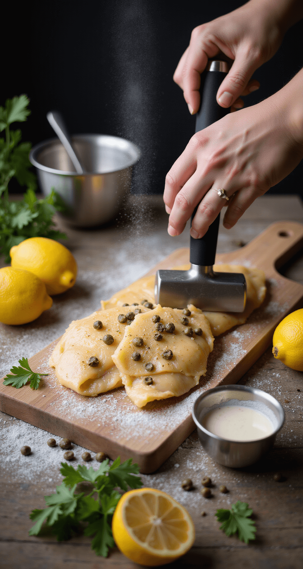 CHICKEN PICCATA WITH CAPERS: A ZESTY ITALIAN-AMERICAN CLASSIC Close-up of hands butterflying golden chicken breasts on a wooden cutting board, surrounded by fresh capers, bright yellow lemons, and parsley sprigs, with a dusting of flour and stainless steel bowls of ingredients in a professional kitchen setting.