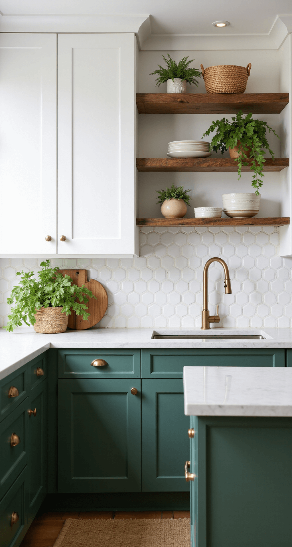 Two-Tone Kitchen Cabinets: The Ultimate Guide to Stylish Color Combinations A nature-inspired kitchen featuring forest green lower cabinets and bright white upper cabinets, accented with live-edge wooden shelves, brass hardware, and a white hexagon tile backsplash, illuminated by natural midday light. Potted herbs and woven baskets add organic touches in this modern luxury space.