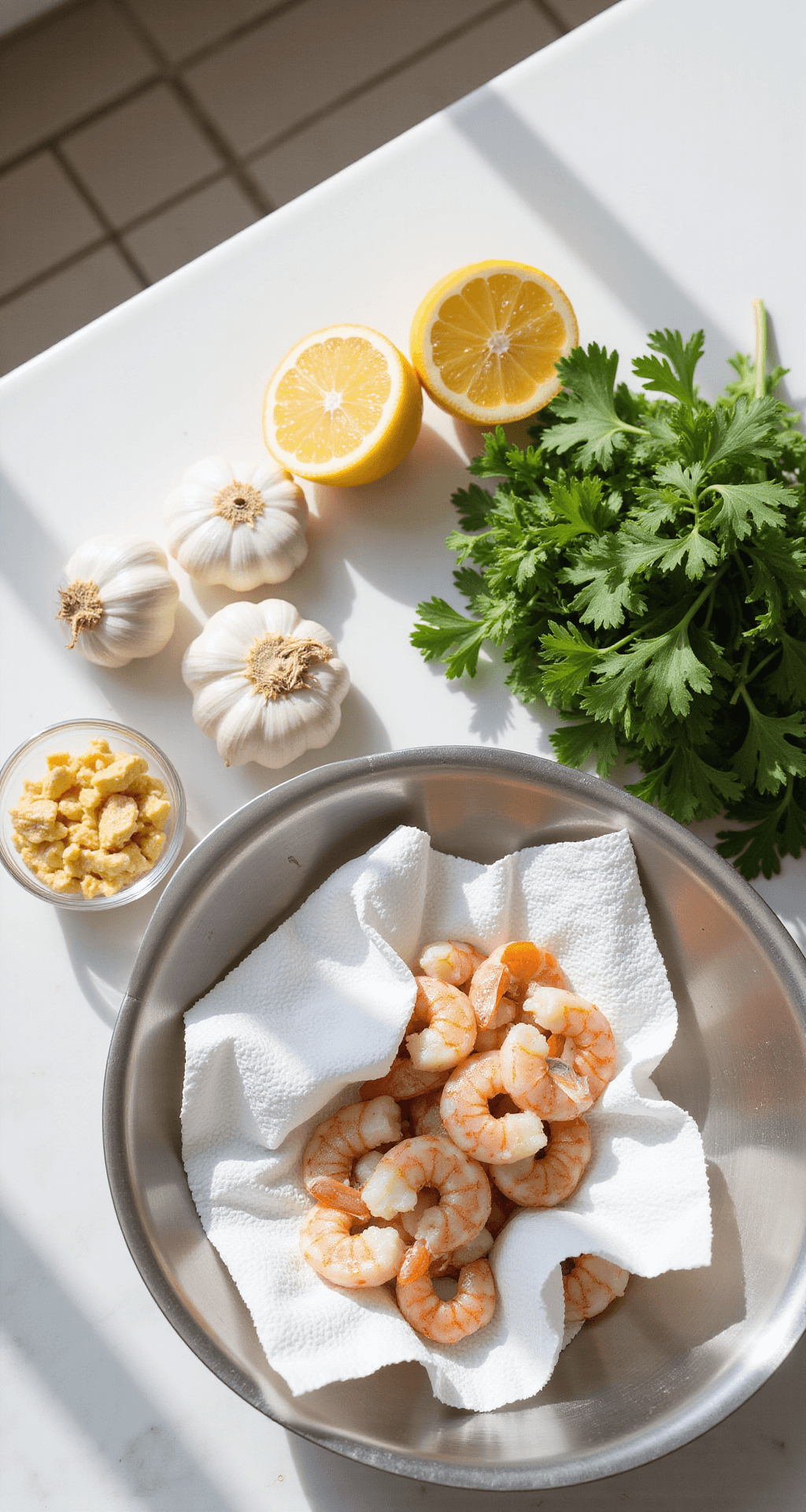 Garlic Shrimp Scampi: Restaurant-Quality Seafood in 20 Minutes Overhead view of a clean kitchen workspace featuring a stainless steel bowl with dried peeled shrimp, fresh garlic cloves, halved lemons, and parsley on a light marble countertop, illuminated by natural daylight.