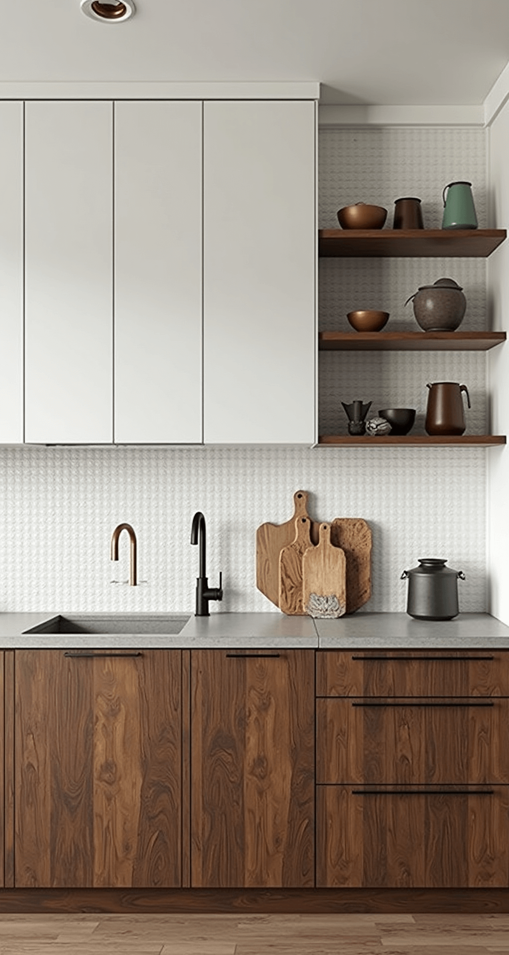 Two-Tone Kitchen Cabinets: The Ultimate Guide to Stylish Color Combinations A modern kitchen featuring warm walnut lower cabinets and sleek white upper cabinets, complemented by concrete countertops and mixed metal fixtures. Floating wooden shelves showcase pottery against a textured white backsplash, all bathed in soft morning light that highlights the wood grain.