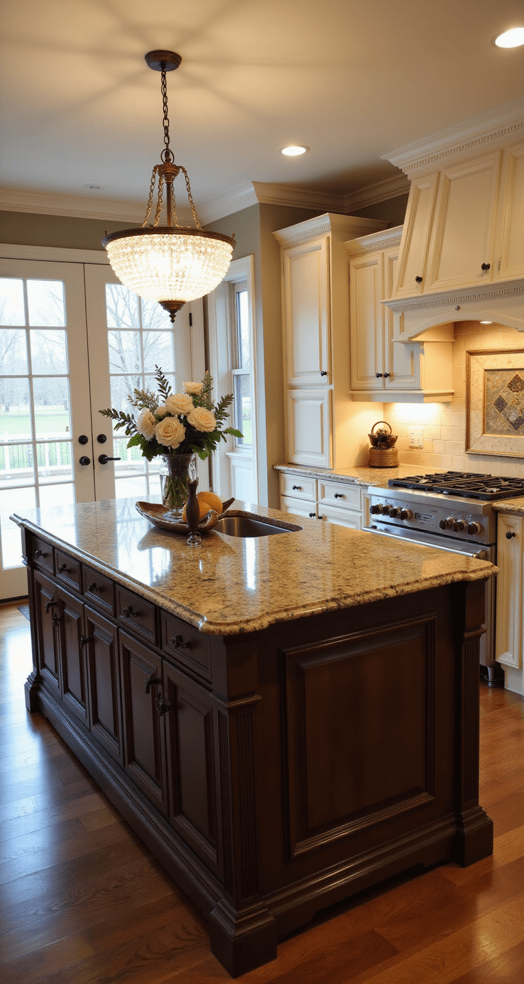 Two-Tone Kitchen Cabinets: The Ultimate Guide to Stylish Color Combinations A traditional kitchen featuring rich chocolate brown base cabinets and cream-colored upper cabinets, adorned with granite countertops displaying golden veining. A crystal chandelier hangs over the island, complemented by antique bronze hardware. French doors allow natural light in, illuminating the space with dramatic yet subtle highlights, capturing a mood of timeless luxury. The low angle shot emphasizes the impressive cabinet height.