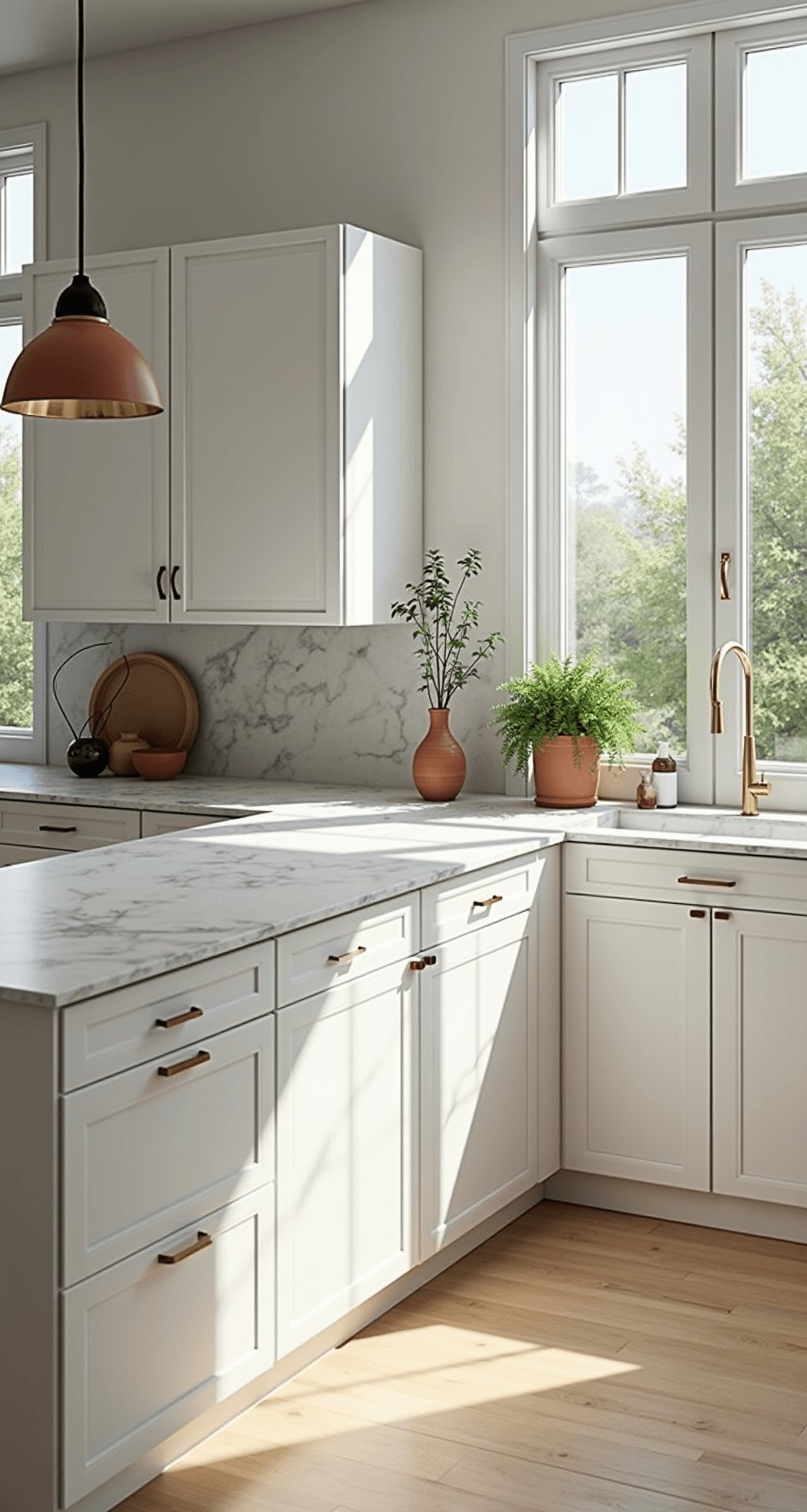 IKEA Kitchen Cabinets: The Ultimate Guide to Affordable, Stylish Storage Solutions Bright, modern kitchen featuring matte white IKEA SEKTION cabinets, marble-look quartz countertops, large windows casting geometric shadows, and warm brass hardware, shot from a low angle to highlight clean lines and architectural details, styled with artisanal ceramics, fresh herbs in terra cotta pots, and a minimal pendant light.