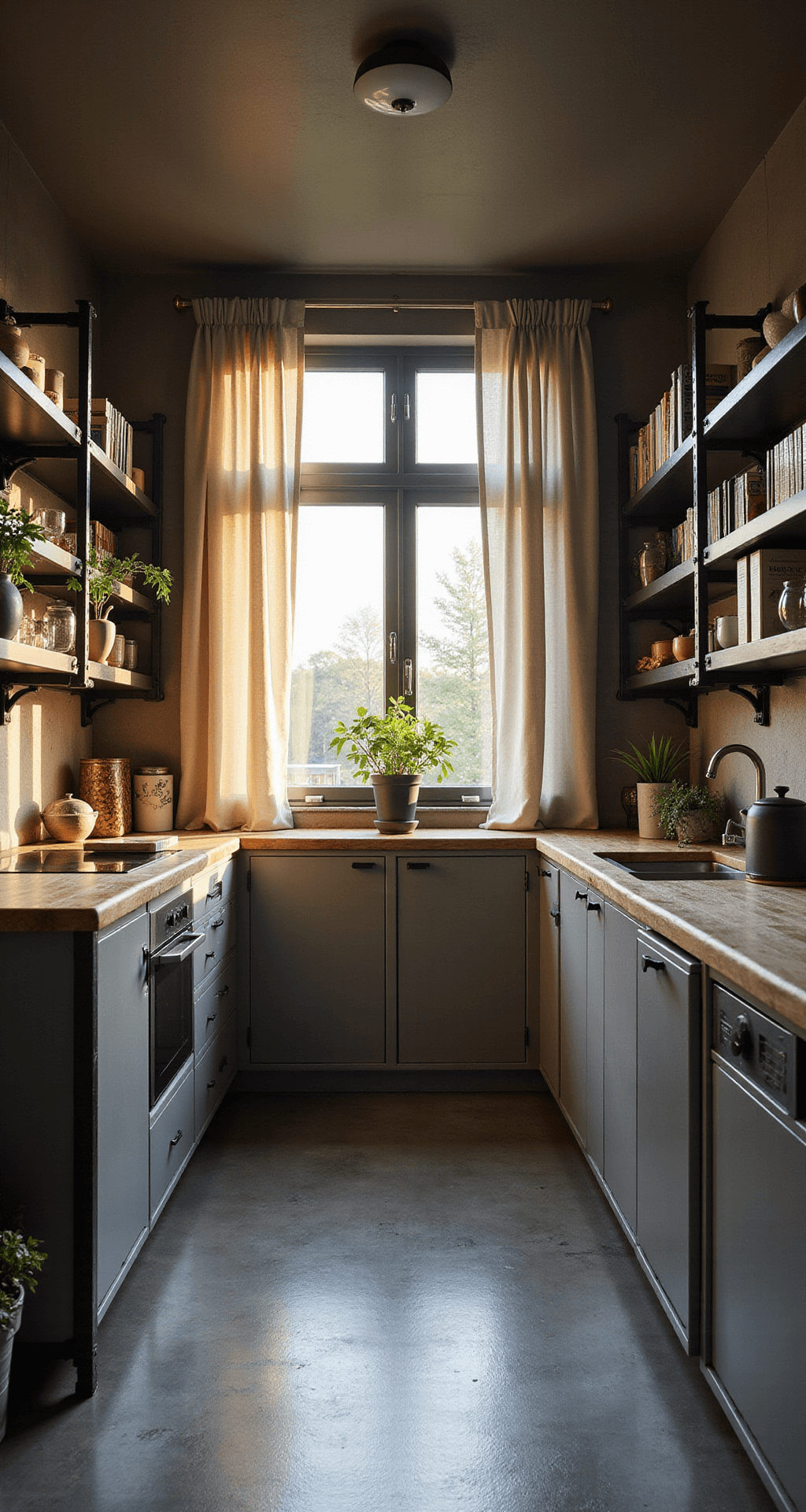 IKEA Kitchen Cabinets: The Ultimate Guide to Affordable, Stylish Storage Solutions A cozy 10x12ft galley kitchen featuring ENHET open storage frames in anthracite steel, soft grey cabinet fronts, and butcher block countertops, illuminated by warm afternoon light. Industrial black metal shelving displays pottery and cookbooks, while trailing plants add softness to the metal elements. The composition emphasizes symmetry and highlights texture variations.