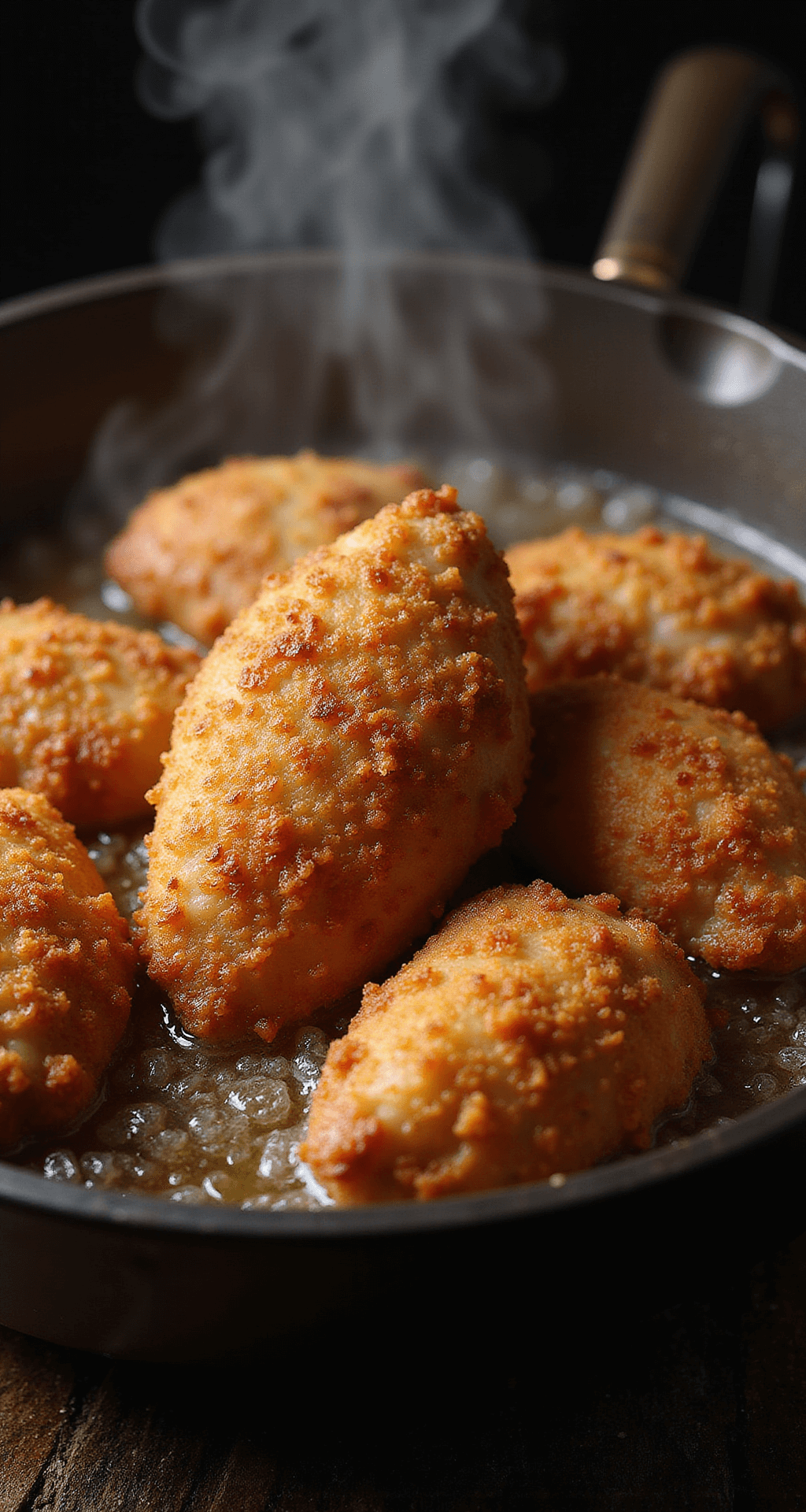 COUNTRY FRIED CHICKEN: CRISPY SOUTHERN COMFORT ON A PLATE Dynamic close-up of golden-brown chicken frying in a cast iron skillet, with steam and oil bubbles in a dark setting, highlighting the textured coating and a nearby meat thermometer.