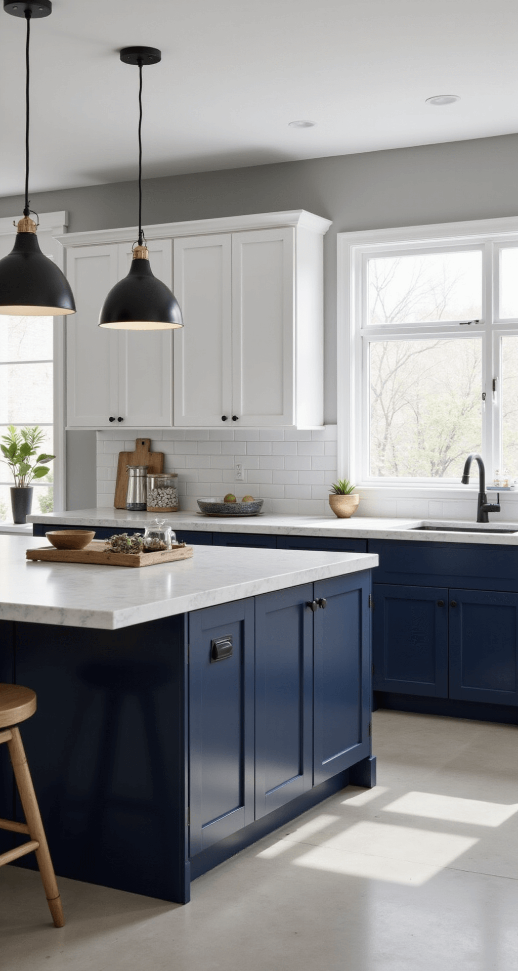 IKEA Kitchen Cabinets: The Ultimate Guide to Affordable, Stylish Storage Solutions Contemporary kitchen featuring navy blue base cabinets and white upper cabinets in a two-tone SEKTION system, with a centered island showcasing waterfall quartz edges, illuminated by natural light and minimalist black pendant lights, styled with geometric accessories and metallic accents.