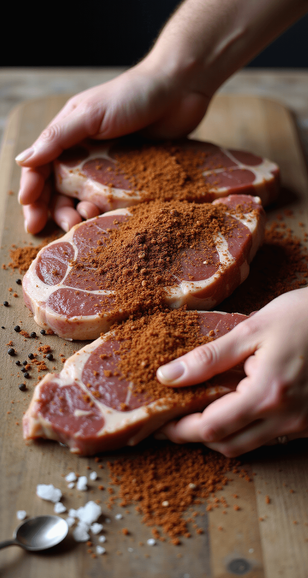 St. Louis Style Pork Steaks: The Ultimate Backyard BBQ Classic Close-up of marbled pork shoulder steaks being massaged with spice rub on a weathered wooden cutting board, with scattered spices, kosher salt, and black pepper in warm natural lighting.