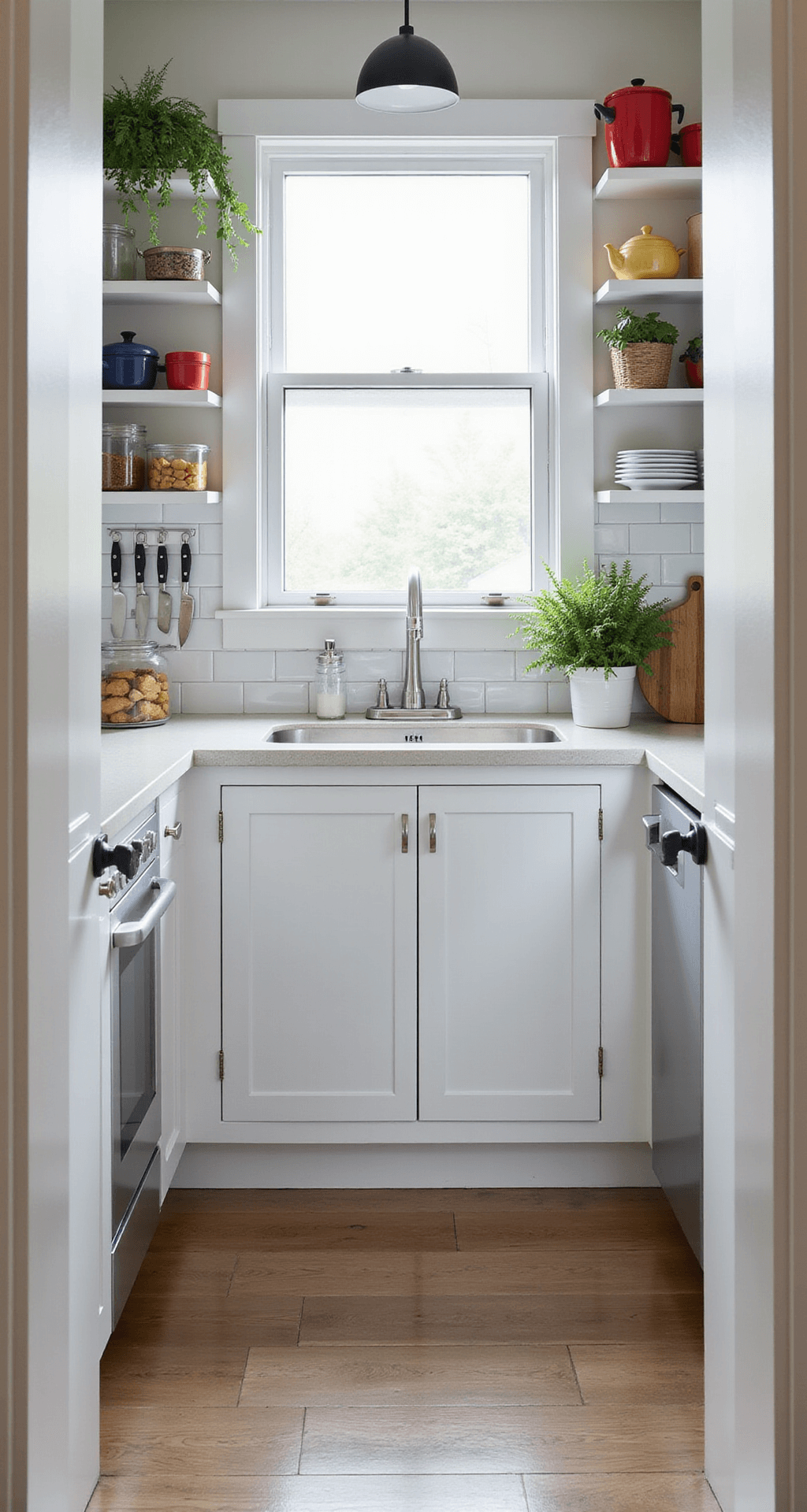 IKEA Kitchen Cabinets: The Ultimate Guide to Affordable, Stylish Storage Solutions Compact rental kitchen featuring KNOXHULT base cabinets in white, diffused daylight from a frosted window, vertical storage solutions like magnetic knife strips and hanging herb gardens, a classic subway tile backsplash, and open shelving showcasing colorful cookware.