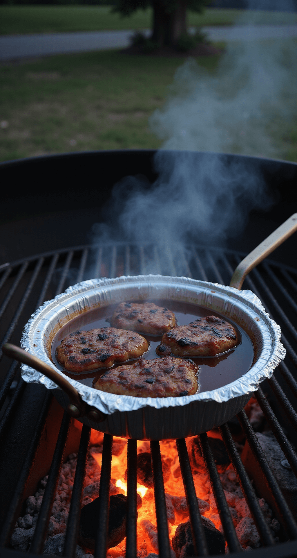 St. Louis Style Pork Steaks: The Ultimate Backyard BBQ Classic A backyard charcoal grill at twilight with visible flames and an aluminum pan filled with glazed pork steaks simmering in amber beer and barbecue sauce, steam rising and grill marks on the meat, illuminated by the warm glow of coals.