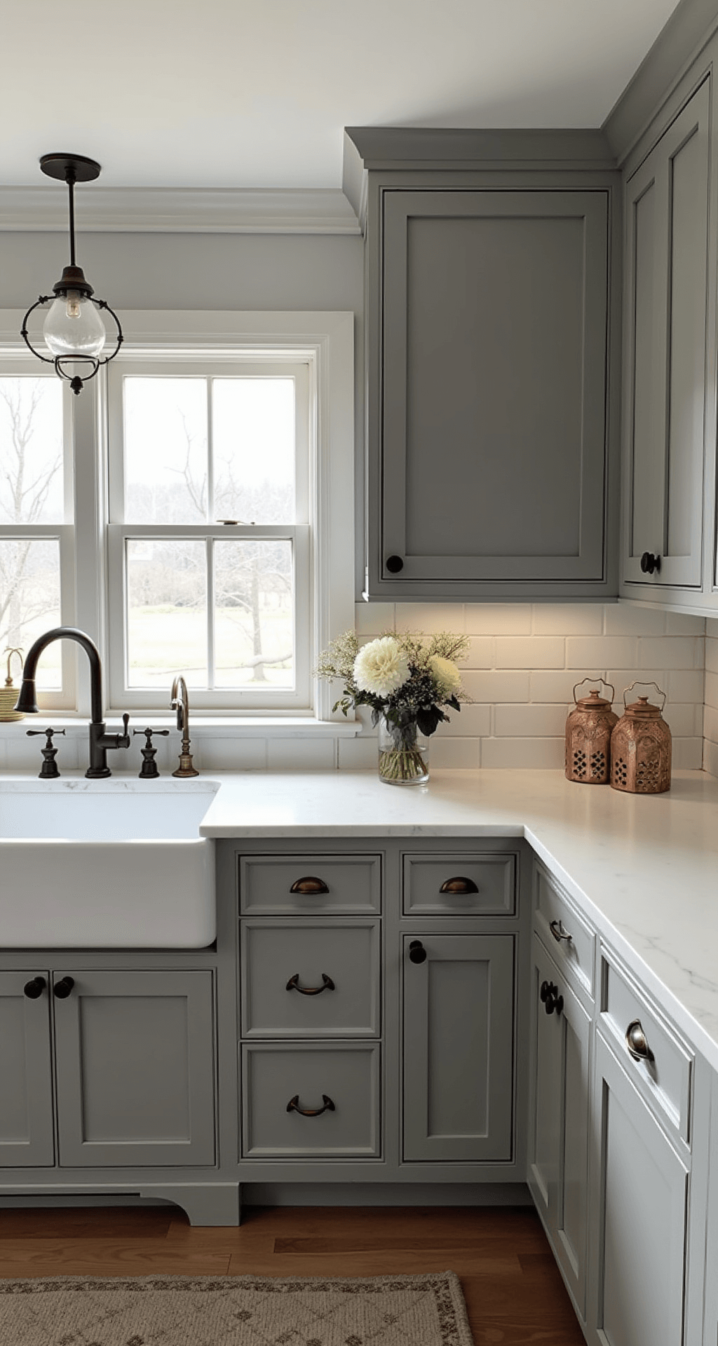 IKEA Kitchen Cabinets: The Ultimate Guide to Affordable, Stylish Storage Solutions Modern farmhouse kitchen featuring BODBYN grey cabinets with crown molding, shaker-style doors, apron sink, and oil-rubbed bronze hardware, illuminated by soft early morning light. A marble backsplash extends to the ceiling, accented by vintage copper accessories and fresh flowers. Captured at a 45-degree angle to emphasize architectural details.