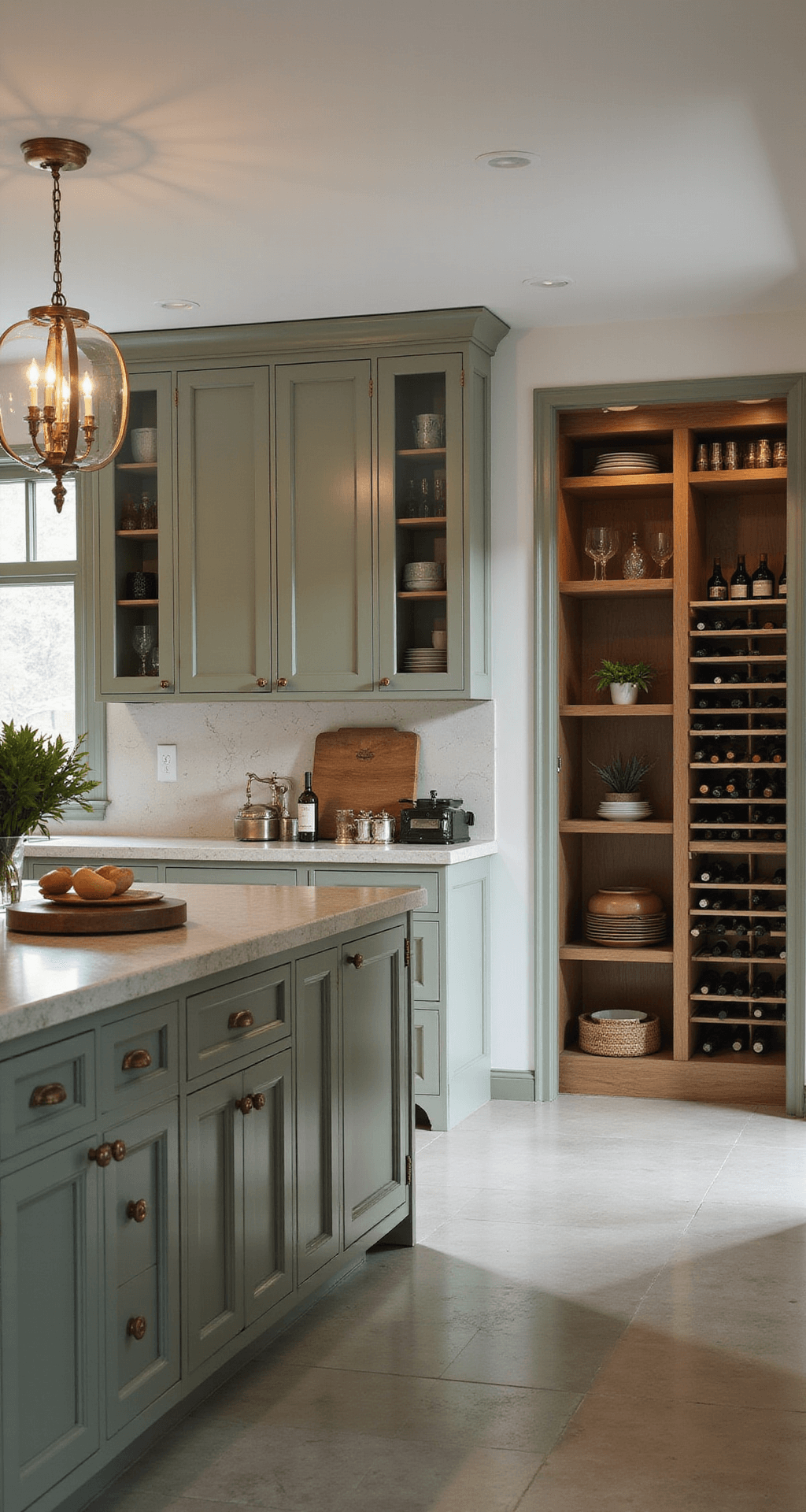 IKEA Kitchen Cabinets: The Ultimate Guide to Affordable, Stylish Storage Solutions A luxurious 16x20ft kitchen showcasing SEKTION cabinets in sage green, dramatic evening lighting from a modern chandelier, a floor-to-ceiling pantry wall with integrated wine storage, and brass hardware, styled with artisanal ceramics, fresh greenery, and vintage-inspired accessories, viewed from the entrance.