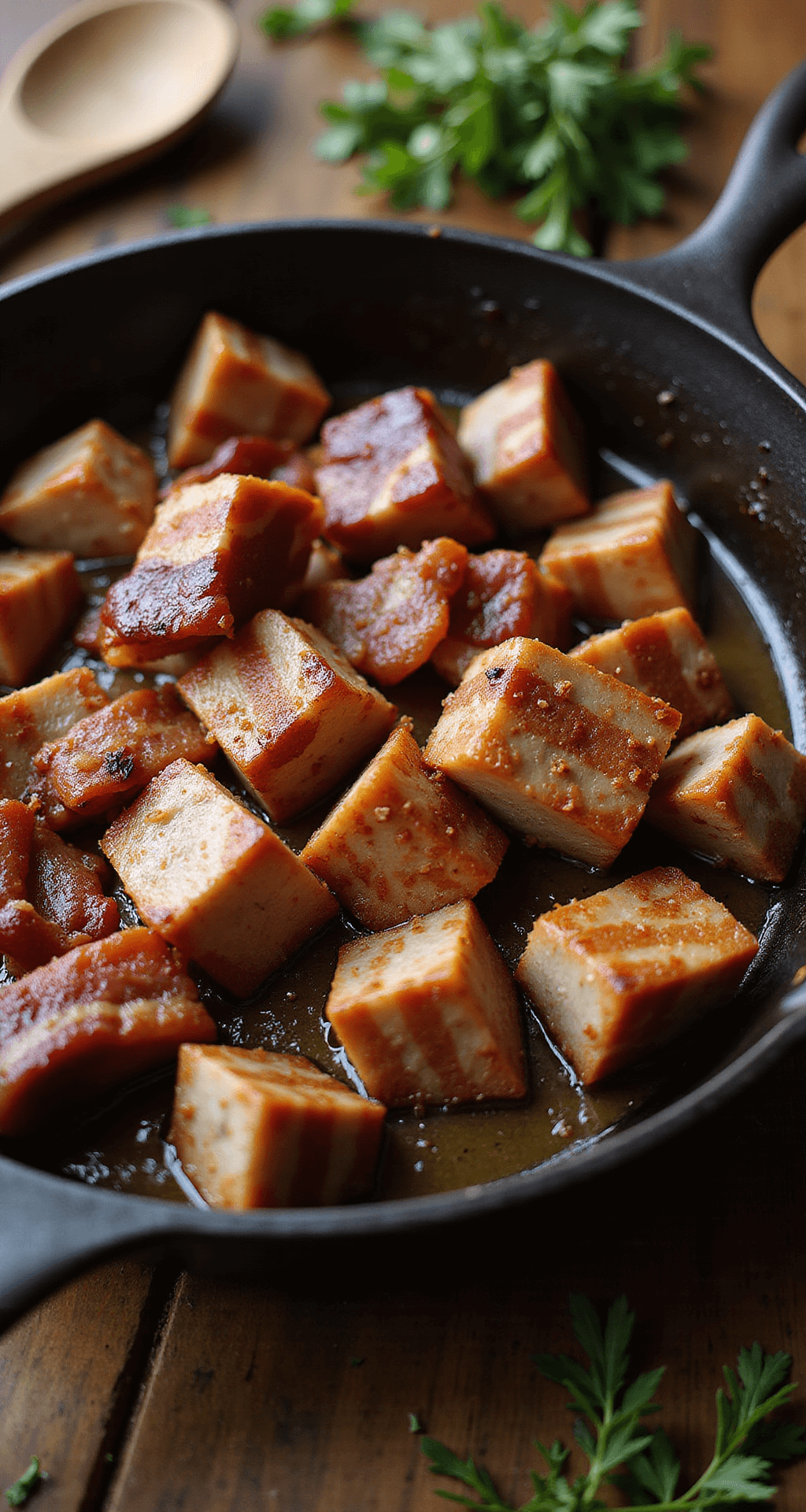 Homemade Pork and Beans: A Hearty One-Pot Wonder Close-up of searing pork shoulder cubes and crispy bacon in a cast-iron skillet, showcasing golden-brown edges and steam, with fresh herbs and a wooden spoon on a weathered wooden counter.