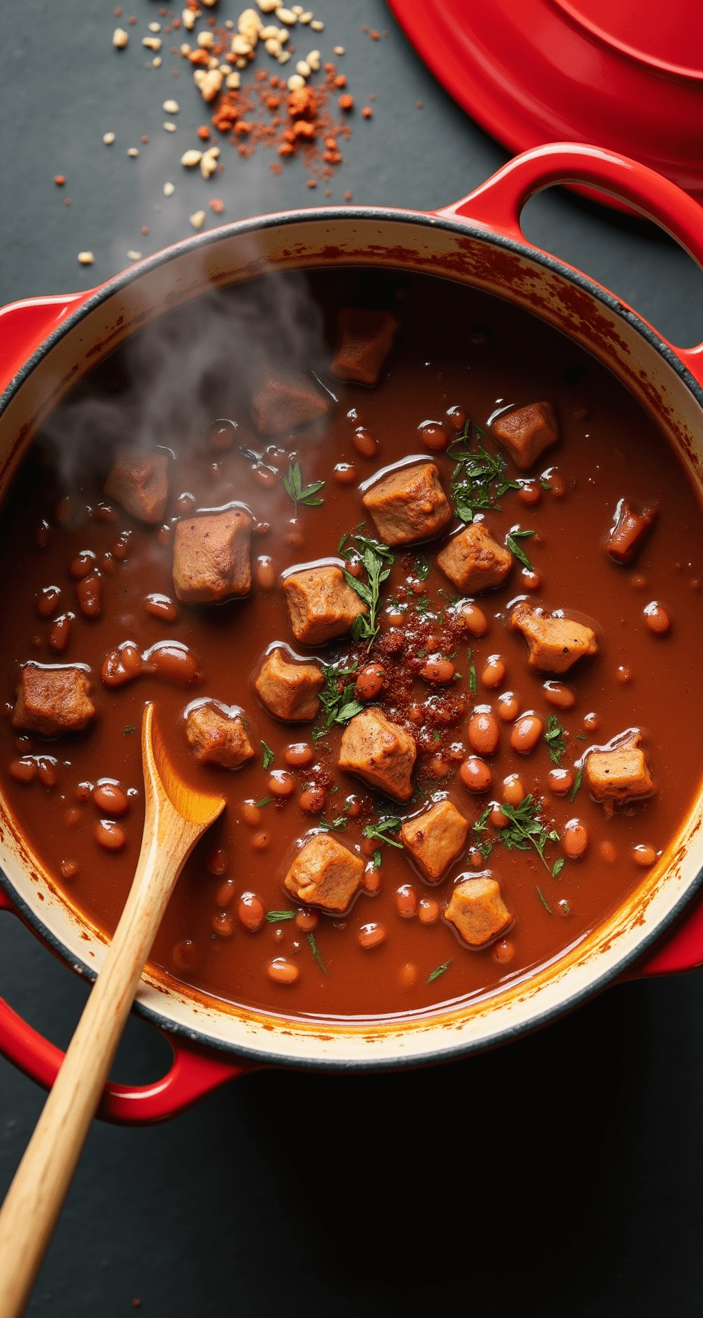 Homemade Pork and Beans: A Hearty One-Pot Wonder An overhead view of a rustic red Dutch oven filled with bubbling pork and beans, featuring steam rising, tender navy beans, chunks of meat in a rich glossy sauce, garnished with fresh herbs and paprika, accompanied by a worn wooden spoon.