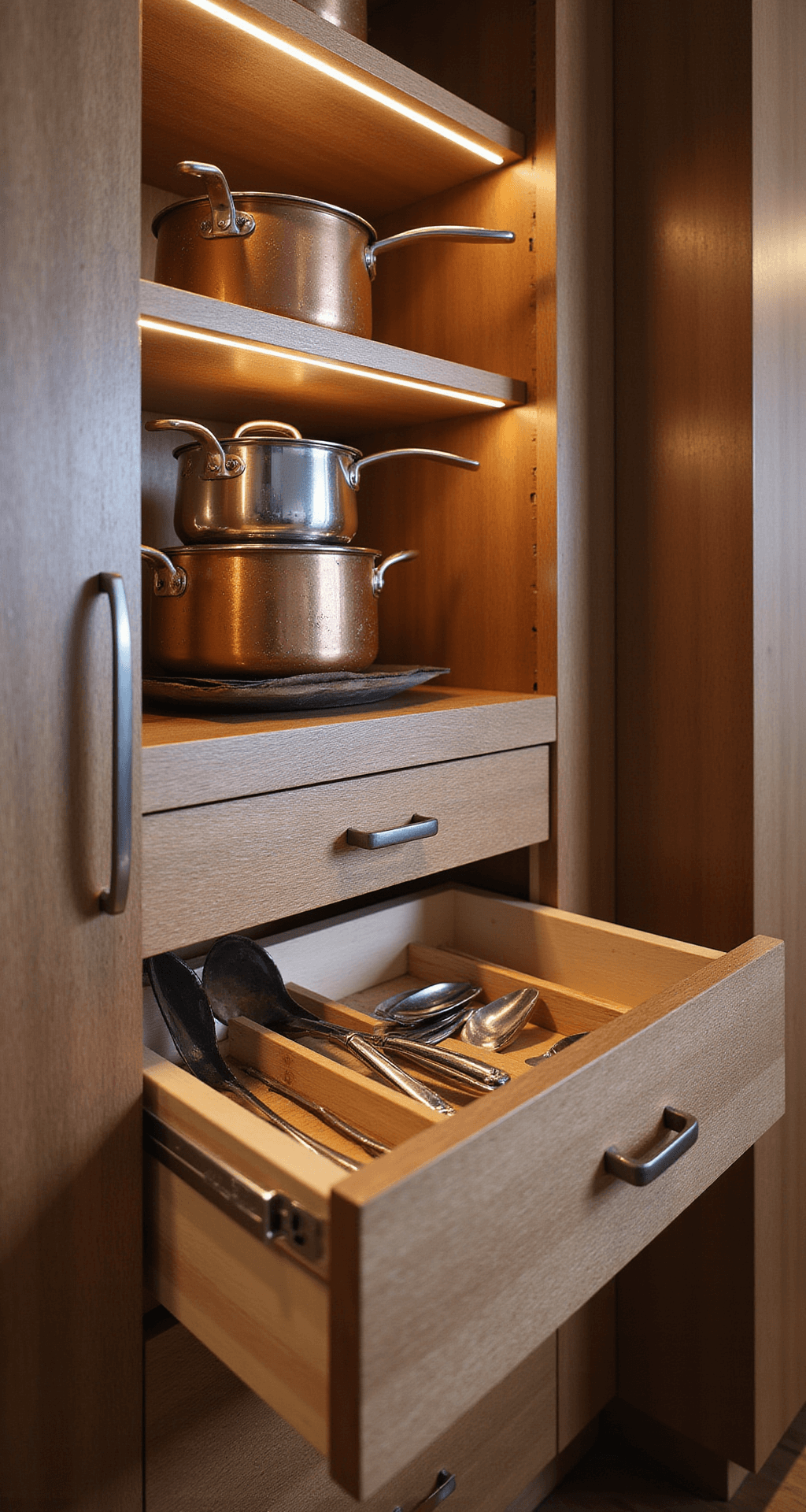 How to Organize Kitchen Cabinets Like a Pro: Your Ultimate Guide to Kitchen Sanity Close-up of a cooking zone cabinet at a 45-degree angle, featuring warm LED-lit shelves with stacked copper and stainless steel cookware, brushed metal handles, bamboo-divided drawers with utensils, and rich wood tones contrasting with metallic finishes.