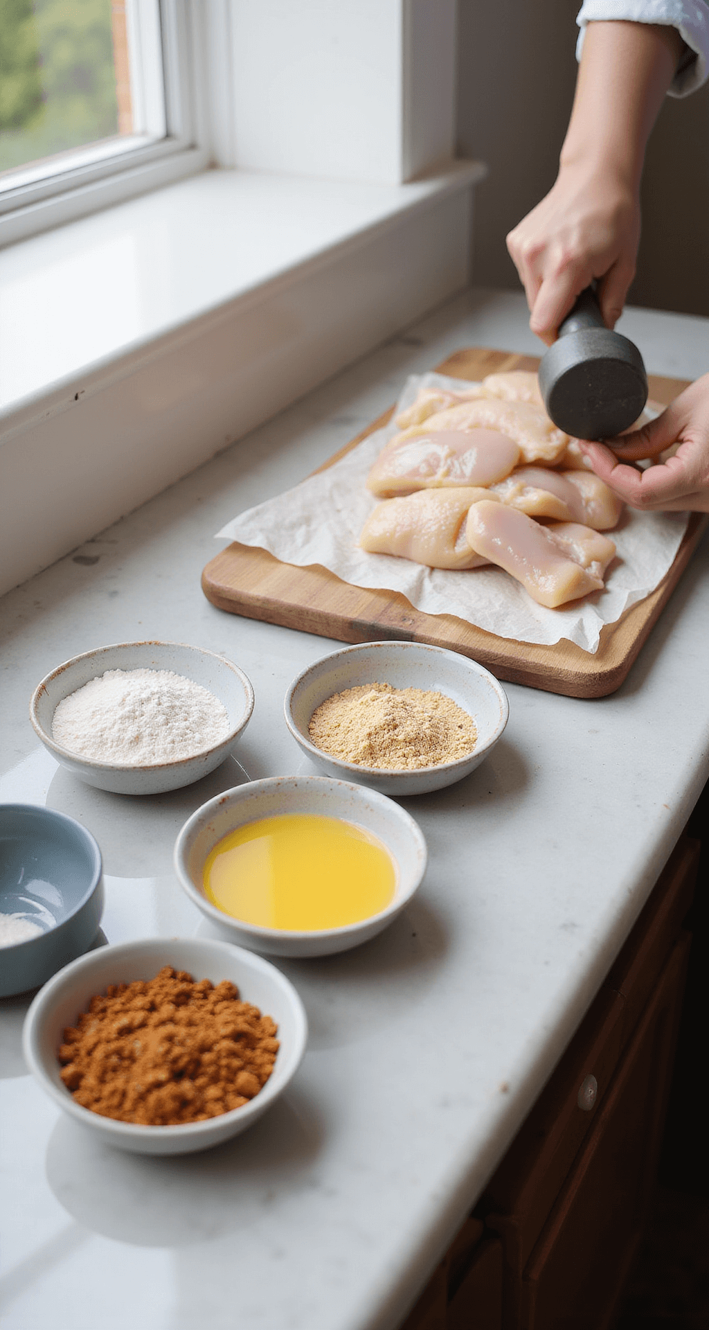 Chicken Almondine: An Elegant French-Inspired Skillet Delight Close-up of a pristine kitchen countertop featuring a mise en place setup: three shallow dishes with flour, beaten eggs, and seasoned chicken breasts, with natural light enhancing the scene. A chef's hand pounds a chicken breast with a meat mallet on a wooden cutting board.