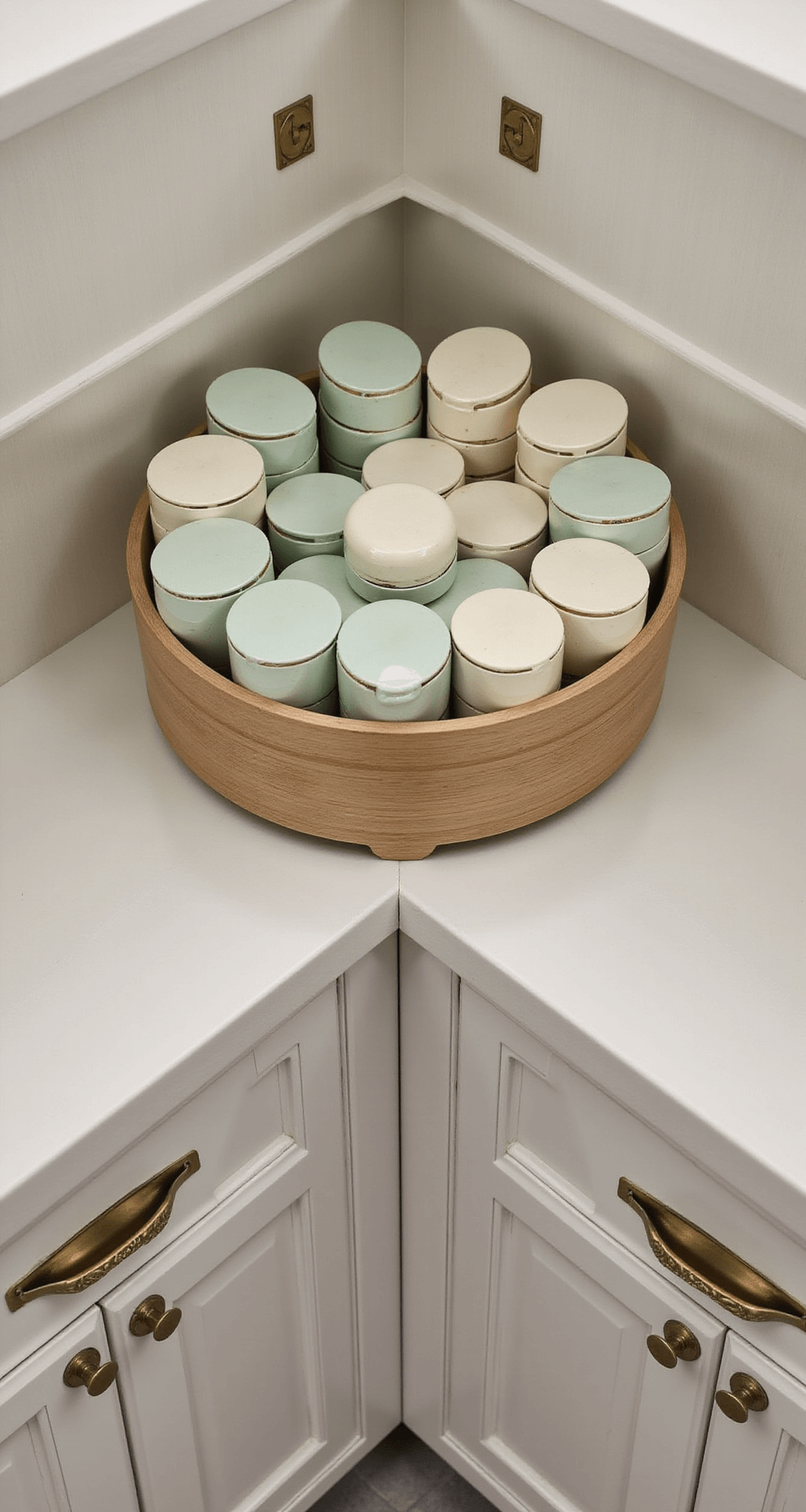 How to Organize Kitchen Cabinets Like a Pro: Your Ultimate Guide to Kitchen Sanity Overhead view of a pristine L-shaped kitchen corner cabinet with a double-tier lazy Susan featuring cream ceramic containers arranged in a circular pattern. The cabinet is illuminated by recessed lighting, showcasing a neutral color palette accented with sage green and brass hardware, emphasizing geometric patterns and functional zones.