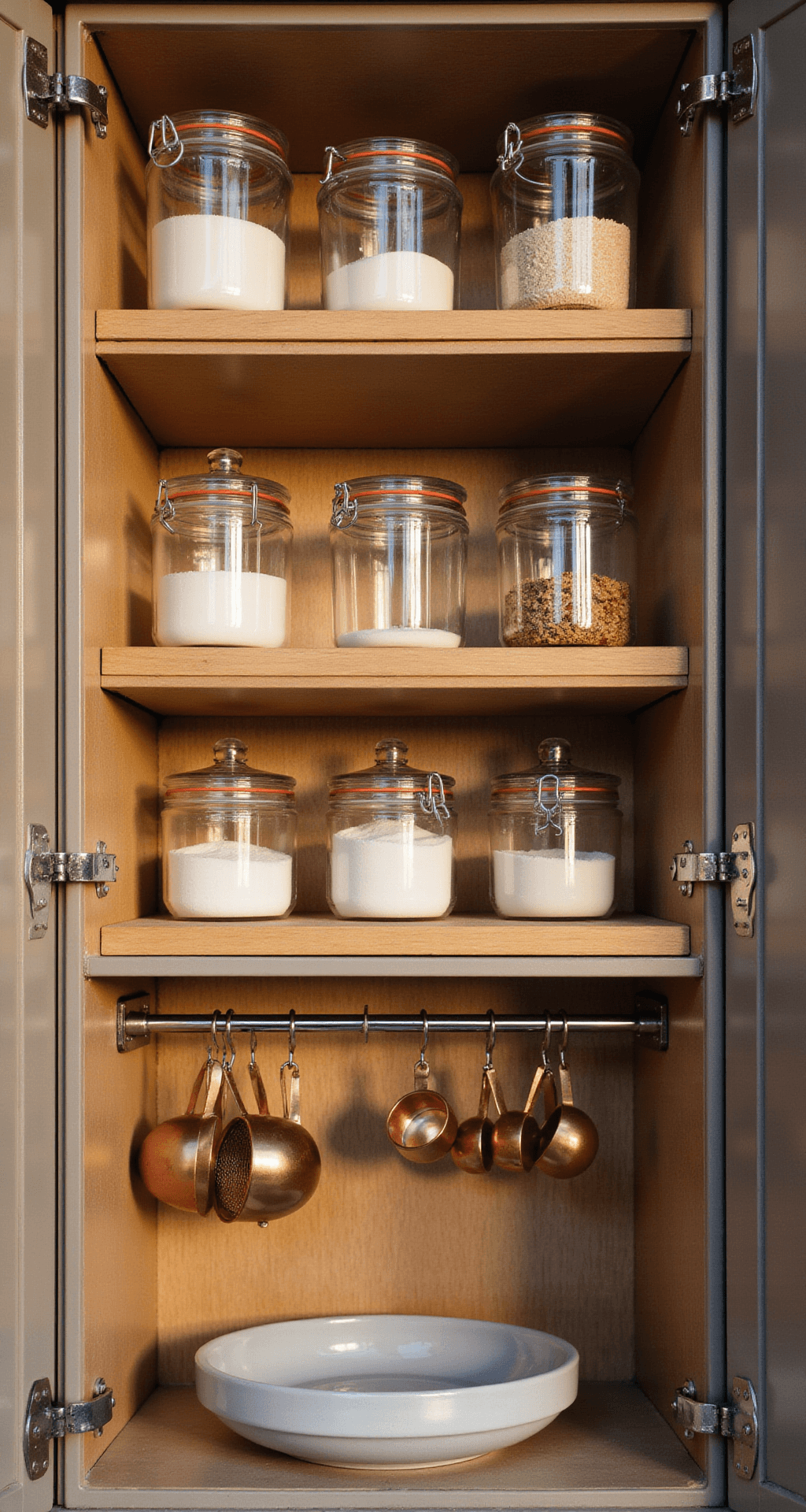 How to Organize Kitchen Cabinets Like a Pro: Your Ultimate Guide to Kitchen Sanity Detail shot of a baking cabinet featuring industrial-style metal shelf risers filled with clear containers of flour and sugar, copper measuring cups hanging from hooks, and marble pastry tools arranged by size, all bathed in warm golden hour light with a soft bokeh background.