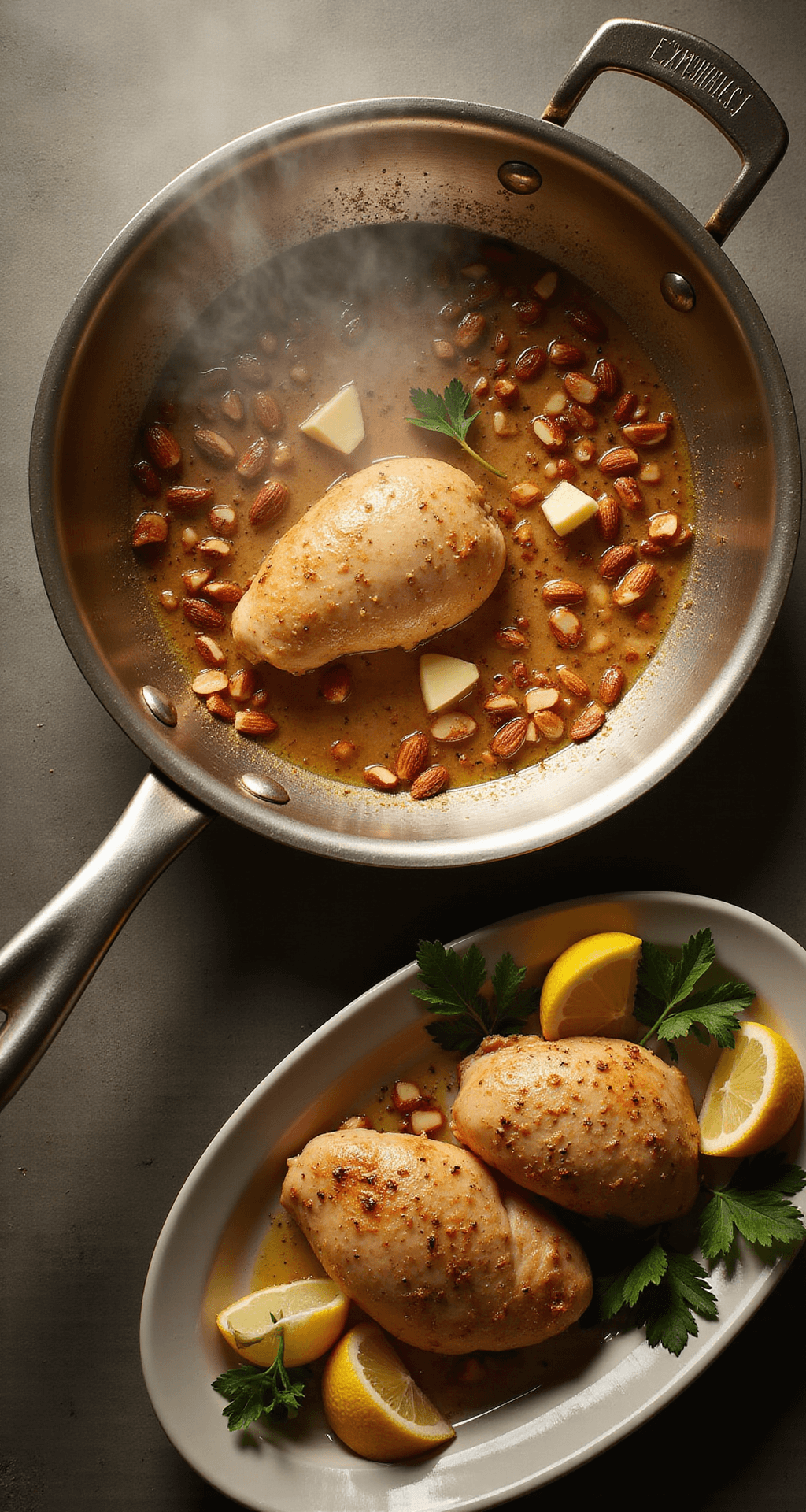 Chicken Almondine: An Elegant French-Inspired Skillet Delight A sizzling stainless steel skillet with golden-brown sliced almonds and melting butter, steam rising as lemon juice is added, with perfectly cooked chicken breasts garnished with parsley and lemon wedges nearby.