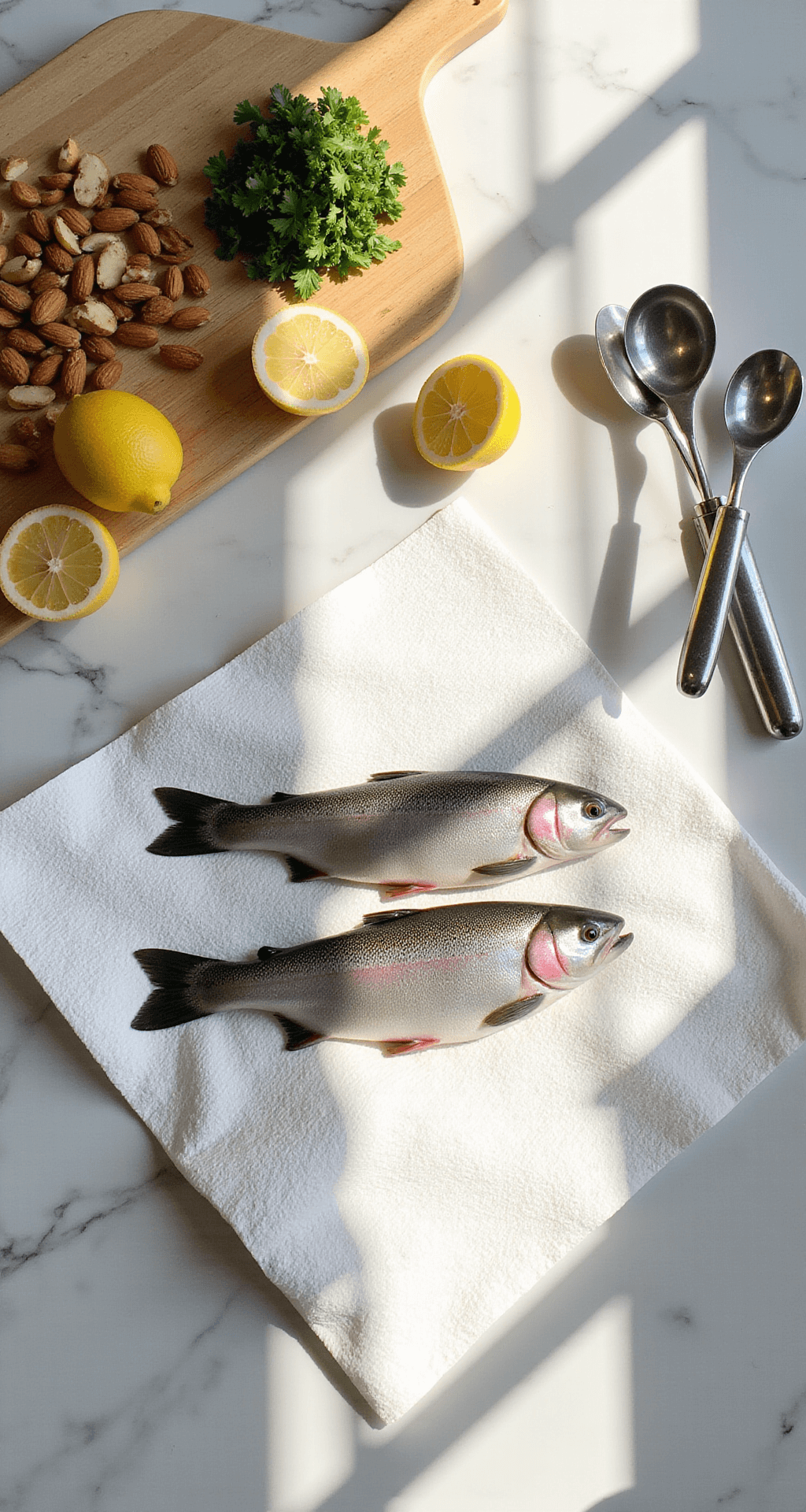 TROUT ALMONDINE: THE ULTIMATE FRENCH-INSPIRED SEAFOOD CLASSIC A sun-lit kitchen scene showcasing fresh rainbow trout fillets on marble, surrounded by sliced almonds, lemon halves, chopped parsley, a wooden cutting board, measuring spoons, and a fish spatula, with natural light enhancing the fish’s silvery skin.