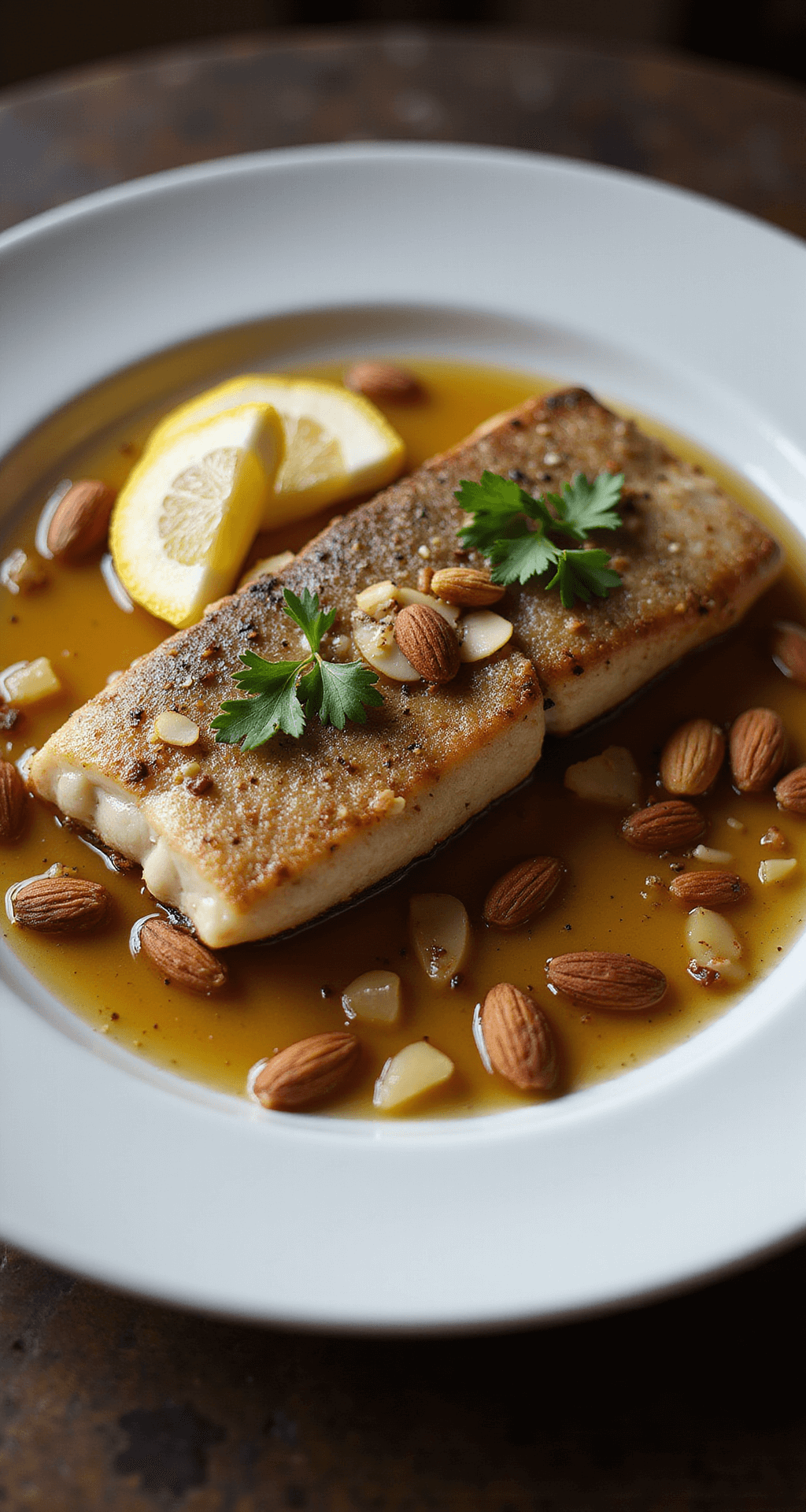 TROUT ALMONDINE: THE ULTIMATE FRENCH-INSPIRED SEAFOOD CLASSIC A beautifully presented trout almondine dish featuring a seared trout fillet with golden skin on a white plate, topped with brown butter sauce, toasted almonds, and fresh parsley, with lemon wedges and steam against a dark wooden table backdrop.