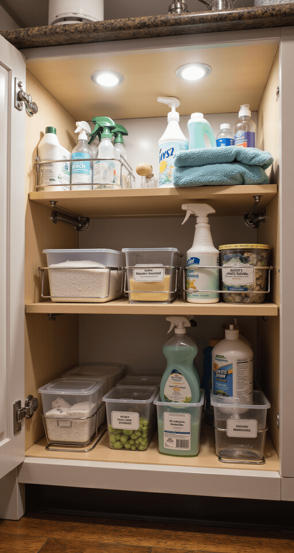 How to Organize Kitchen Cabinets Like a Pro: Your Ultimate Guide to Kitchen Sanity Under-sink cleaning supply cabinet viewed from a low angle, featuring illuminated interior with LED puck lights, chrome racks for organizing eco-friendly supplies, and clear bins labeled for sorted storage.