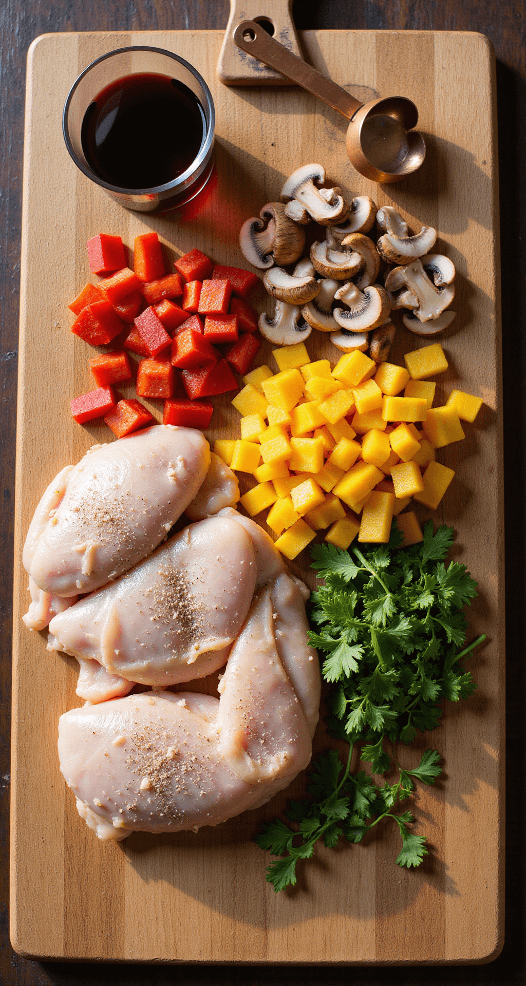 Classic Chicken Cacciatore - One-Pot Mediterranean Marvel Overhead view of a rustic wooden cutting board with seasoned chicken thighs and vibrant chopped vegetables, accompanied by a glass of red wine and copper measuring spoons, all bathed in warm natural light.