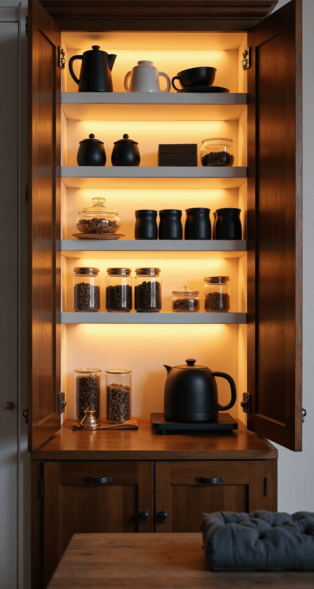 How to Organize Kitchen Cabinets Like a Pro: Your Ultimate Guide to Kitchen Sanity Dramatic side-angle view of a coffee station cabinet bathed in warm golden hour light, showcasing glossy white shelving with matte black coffee accessories, matching glass canisters for storage, and copper accents enhancing the inviting atmosphere.