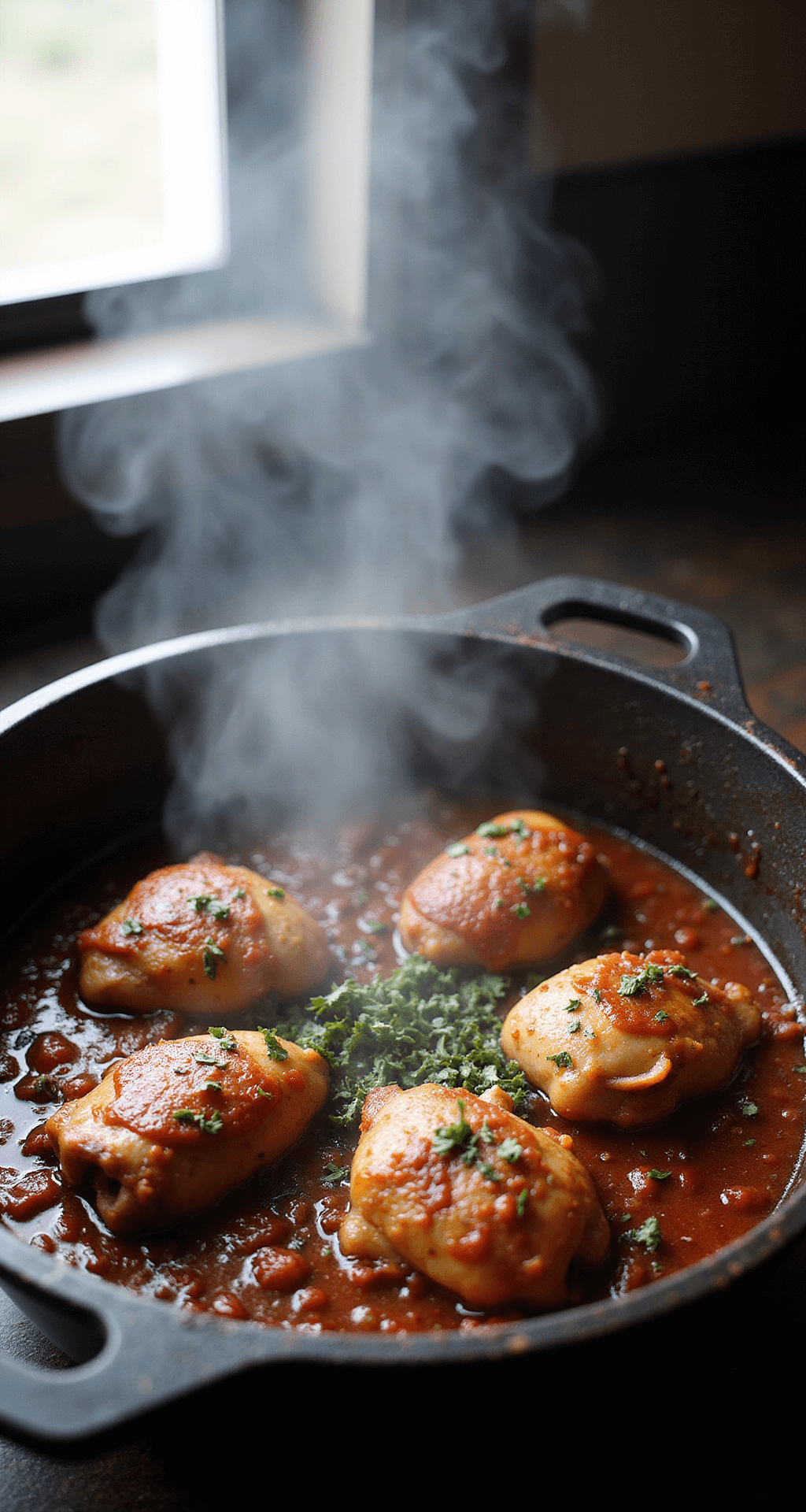 Classic Chicken Cacciatore - One-Pot Mediterranean Marvel A cast-iron Dutch oven filled with golden-brown chicken thighs simmering in burgundy sauce, steam rising dramatically as fresh herbs are scattered over the dish, illuminated by soft window light.