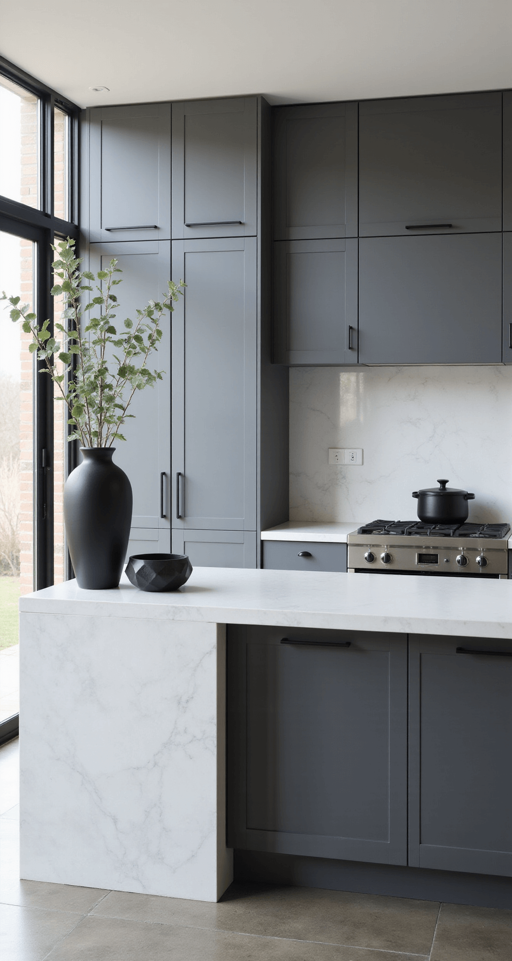 Grey Kitchen Cabinets: The Ultimate Styling and Photography Guide A spacious modern minimalist kitchen with grey flat-panel cabinets, white quartz waterfall island, and polished concrete floors, illuminated by morning light from floor-to-ceiling windows, featuring matte black hardware and minimal decor, shot from a low corner angle.