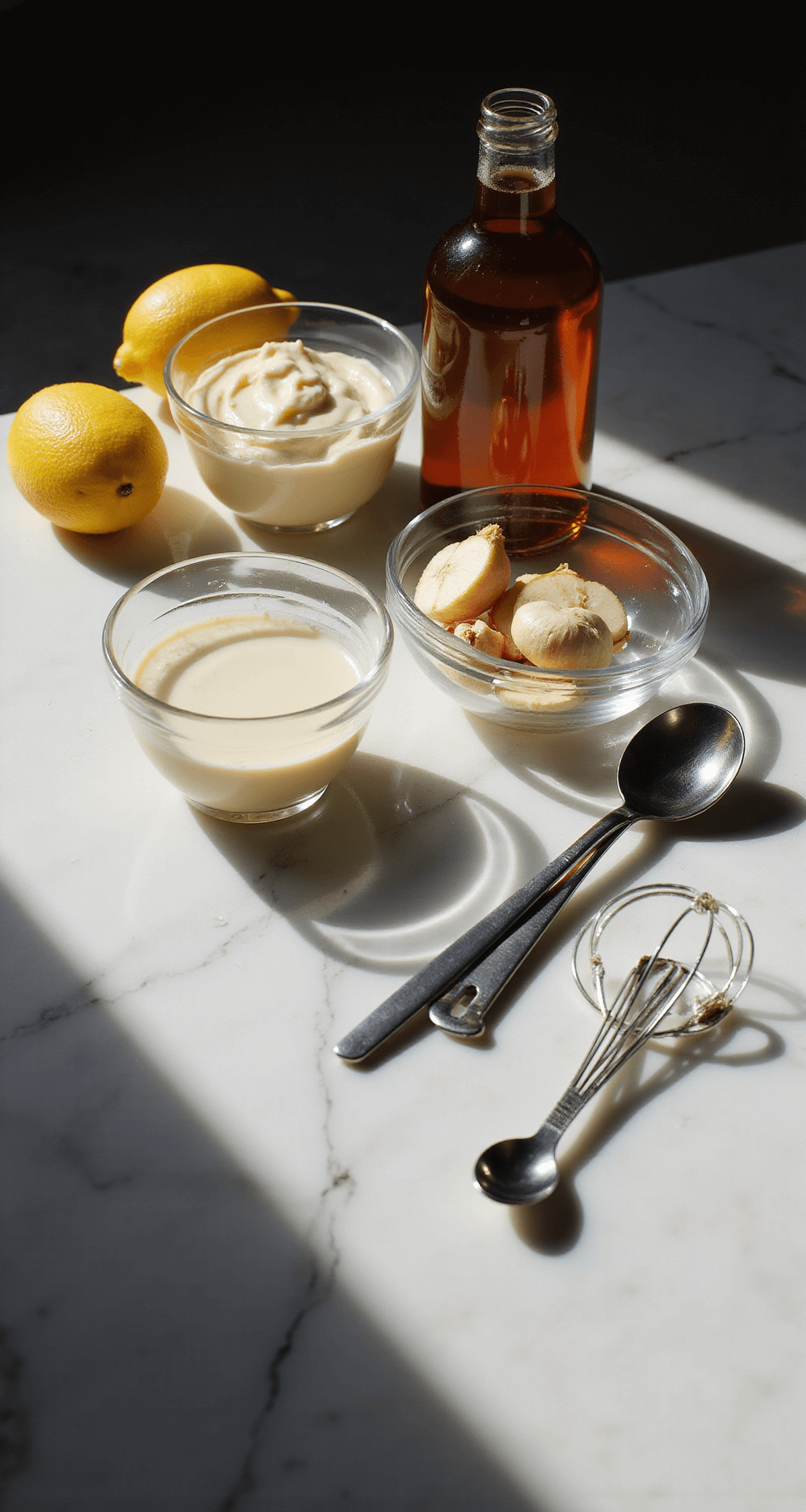 Quick & Tangy Southern-Style Grilled Chicken Close-up of ingredients for Alabama White Sauce on a marble countertop, featuring glass bowls of mayonnaise, an amber bottle of apple cider vinegar, fresh lemons, and garlic cloves, with stainless steel measuring spoons and a whisk, illuminated by dramatic studio lighting and soft natural light.