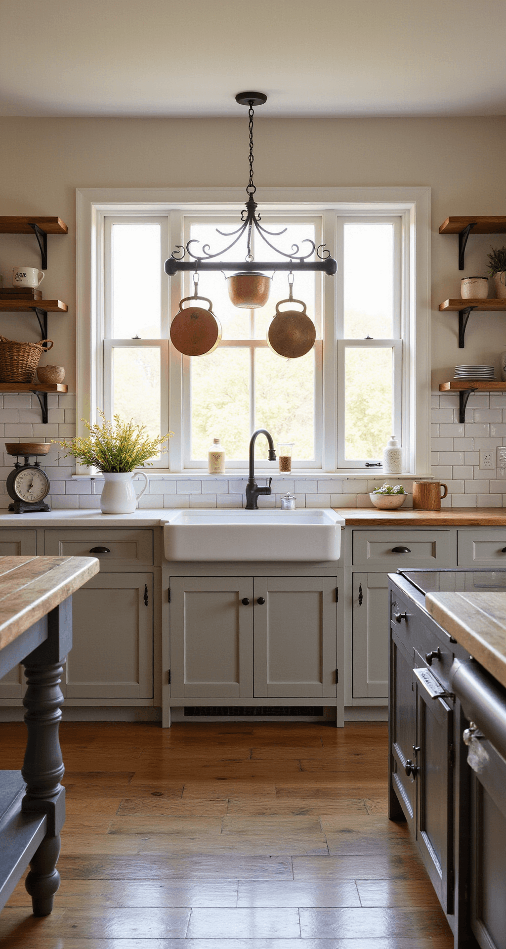 Grey Kitchen Cabinets: The Ultimate Styling and Photography Guide A beautifully designed farmhouse chic kitchen bathed in golden hour light, featuring warm greige Shaker-style cabinets, reclaimed oak open shelving, vintage copper pots, and a butcher block island, styled with a vintage scale, ironstone pitcher with wildflowers, and woven baskets, all on weathered oak floors.
