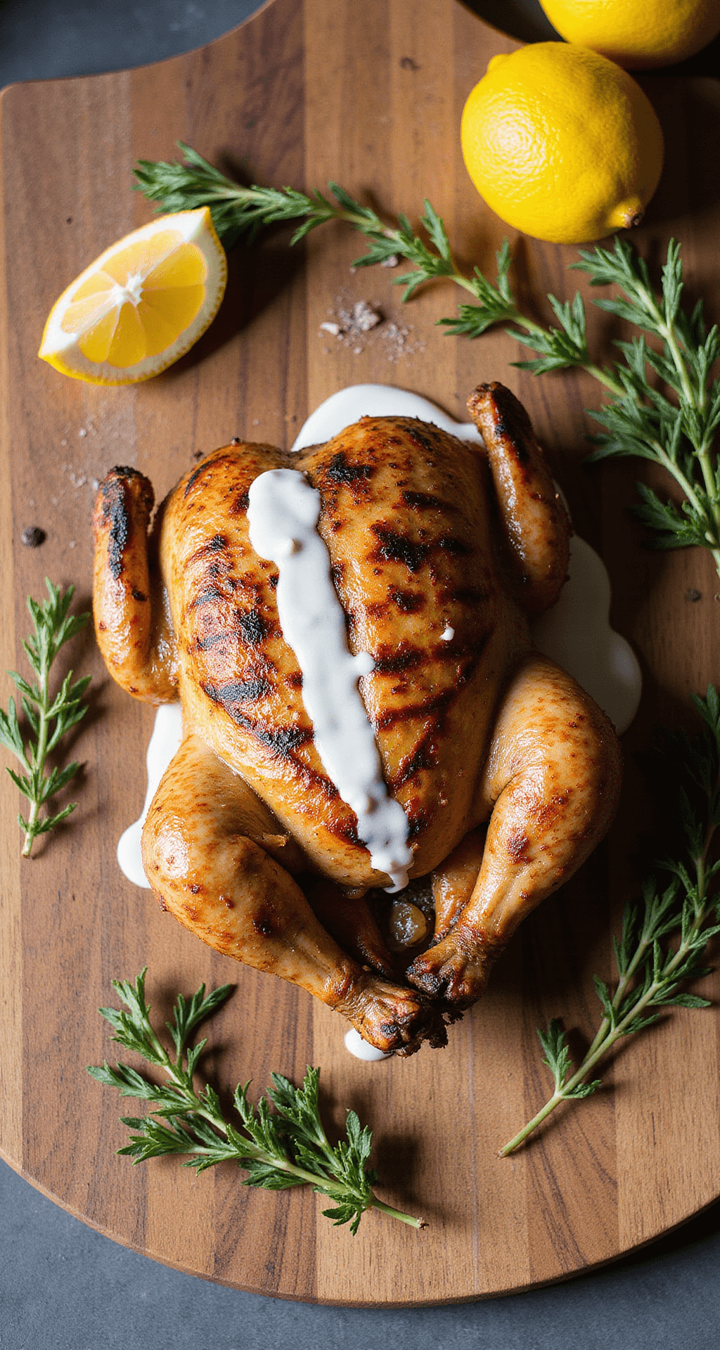 Quick & Tangy Southern-Style Grilled Chicken Overhead view of a golden-brown grilled whole chicken on a rustic wooden cutting board, garnished with fresh herbs and lemon wedges, drizzled with creamy Alabama White Sauce, with wisps of smoke and dramatic afternoon light.