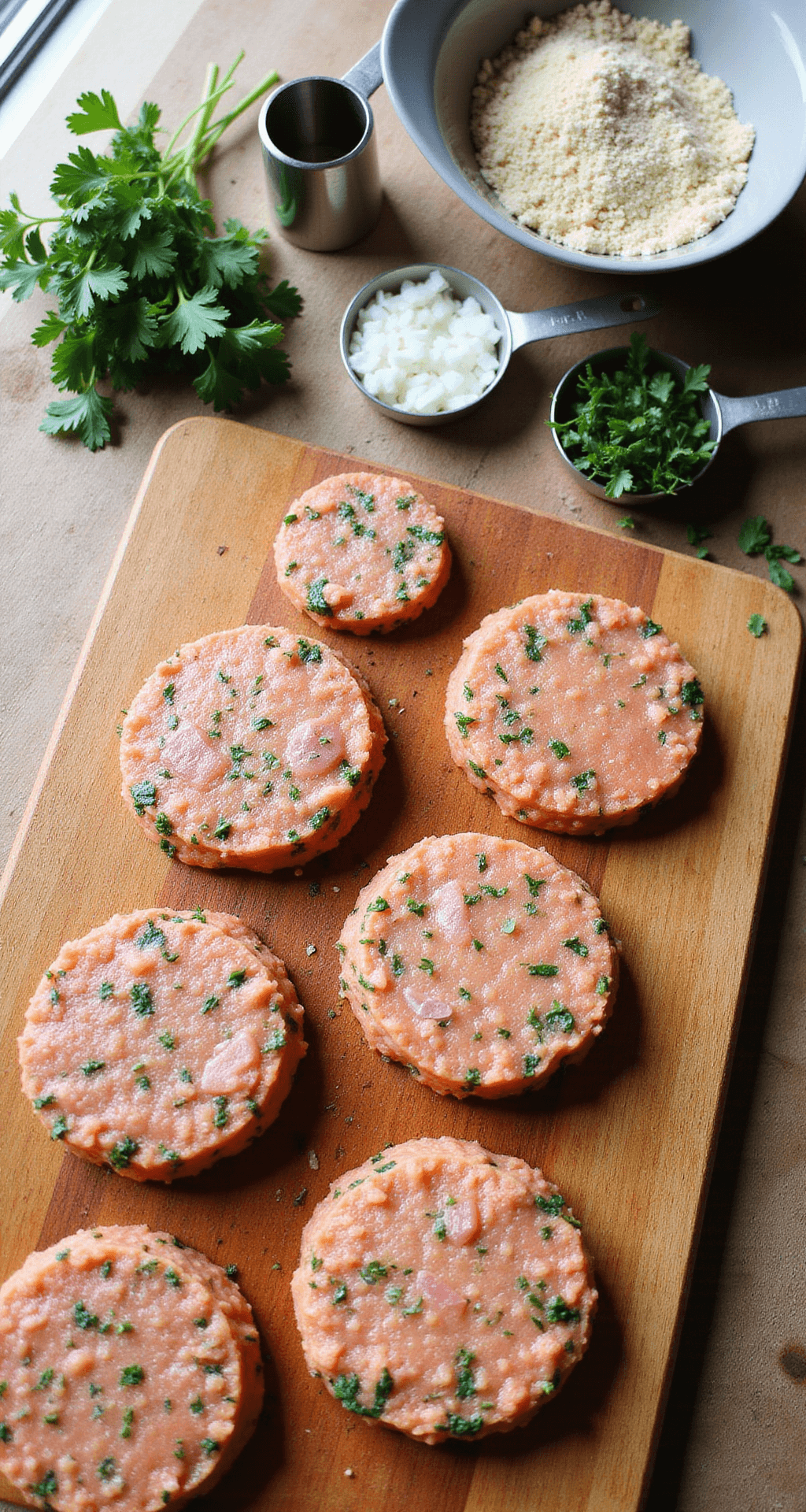 SALMON PATTIES: CRISPY, QUICK & FOOLPROOF Overhead view of a rustic wooden cutting board with raw salmon patties flecked with green parsley and diced onions, measuring cups, fresh herbs, and a bowl of breadcrumbs in the background, illuminated by natural light.