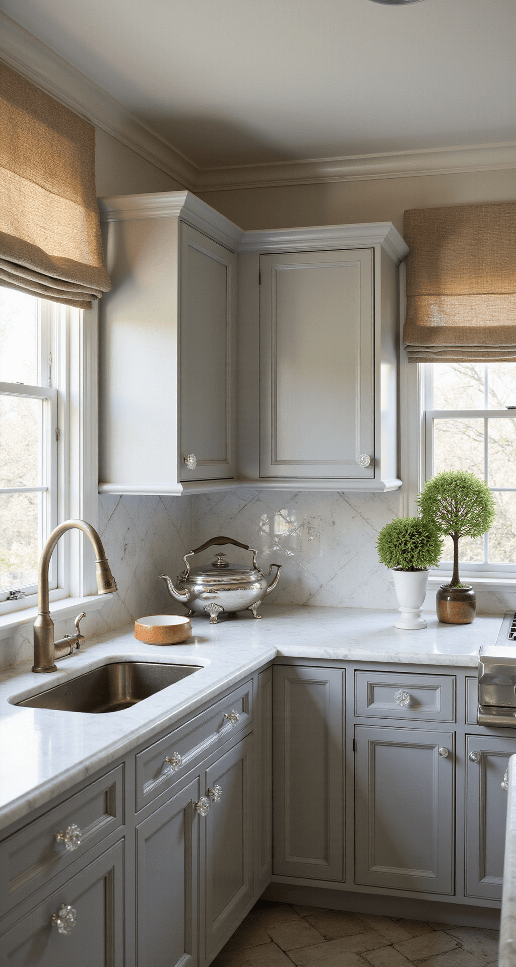 Grey Kitchen Cabinets: The Ultimate Styling and Photography Guide Sophisticated 14x16ft kitchen featuring warm grey raised-panel cabinets, Carrara marble counters, and herringbone marble floors, illuminated by morning light filtering through Roman shades. Decorated with a silver tea service, topiaries in ceramic planters, and brass candlesticks.