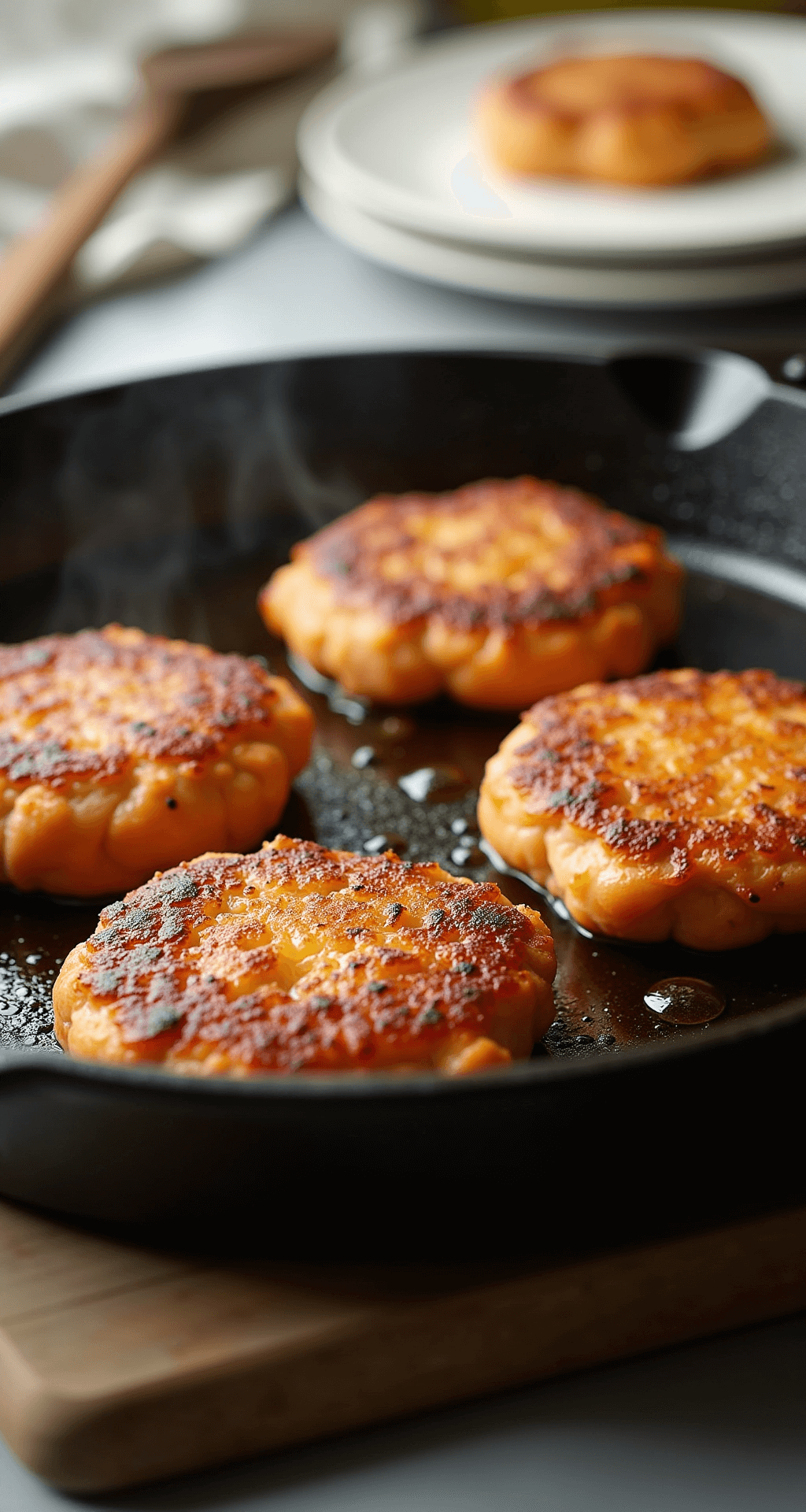 SALMON PATTIES: CRISPY, QUICK & FOOLPROOF Close-up of golden brown salmon patties sizzling in a cast iron skillet, with steam rising and droplets of olive oil glistening in warm kitchen light; a wooden spatula and a paper towel-lined plate are in the soft-focused background.