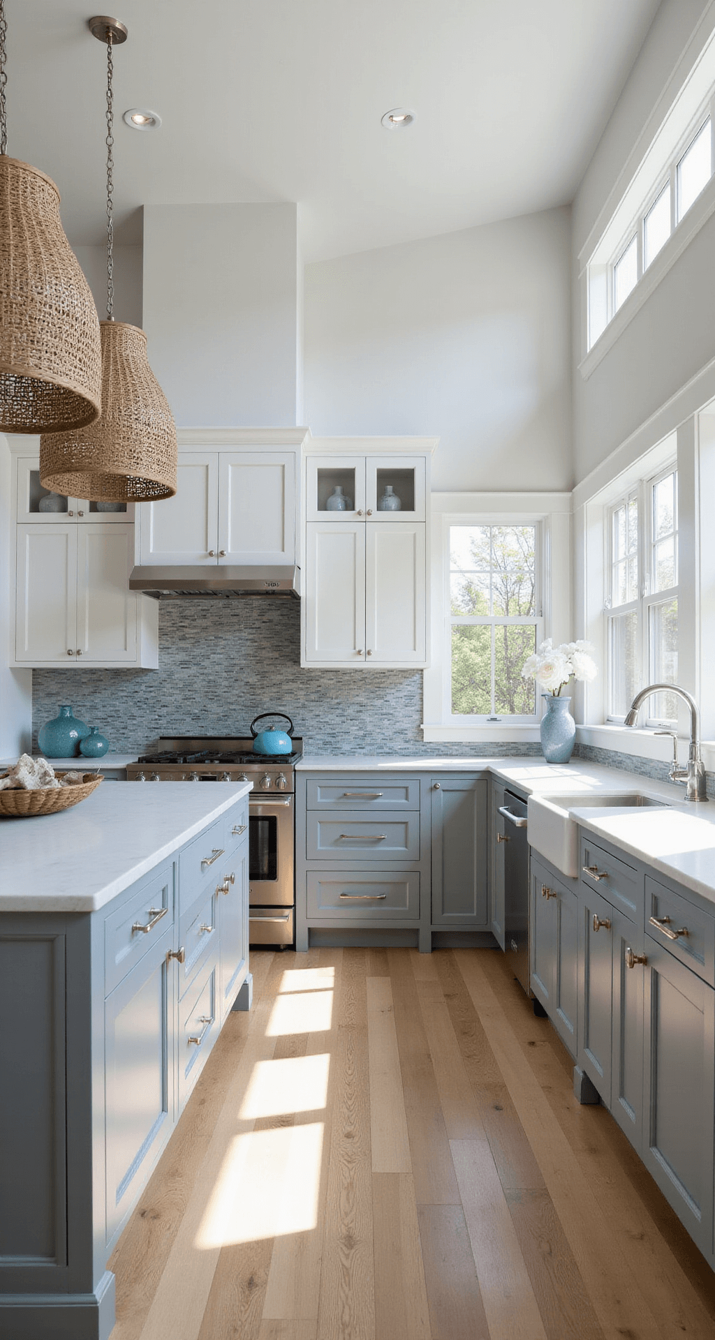 Grey Kitchen Cabinets: The Ultimate Styling and Photography Guide Airy contemporary coastal kitchen featuring vaulted ceilings and two-tone grey cabinets, with white quartz counters and glass mosaic backsplash, styled with blue glass vases and driftwood bowl, all highlighted by afternoon sea light.