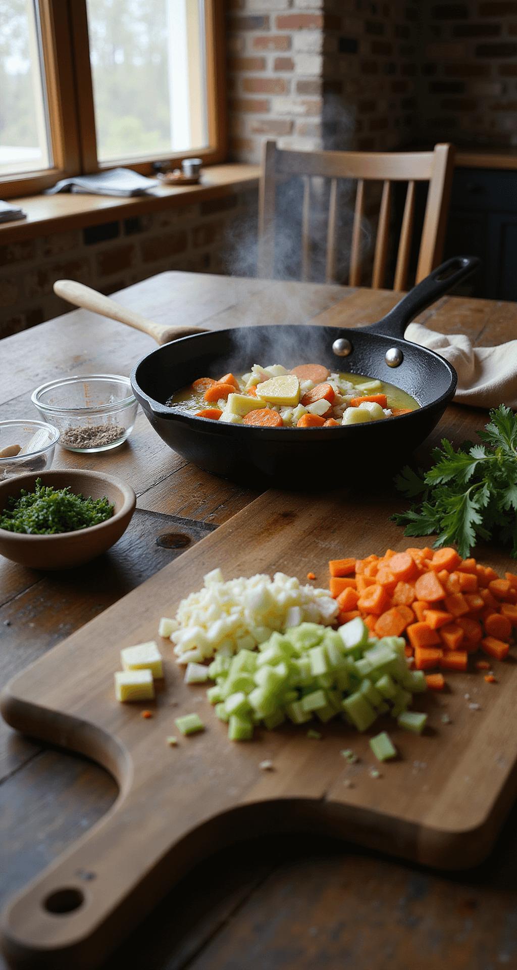 Chicken and Biscuits Casserole: The Ultimate Comfort Food Showstopper A rustic kitchen countertop with a large skillet of sautéing vegetables in golden butter, surrounded by fresh herbs and measured ingredients in glass bowls, with steam rising and a wooden spoon resting against the pan's edge.