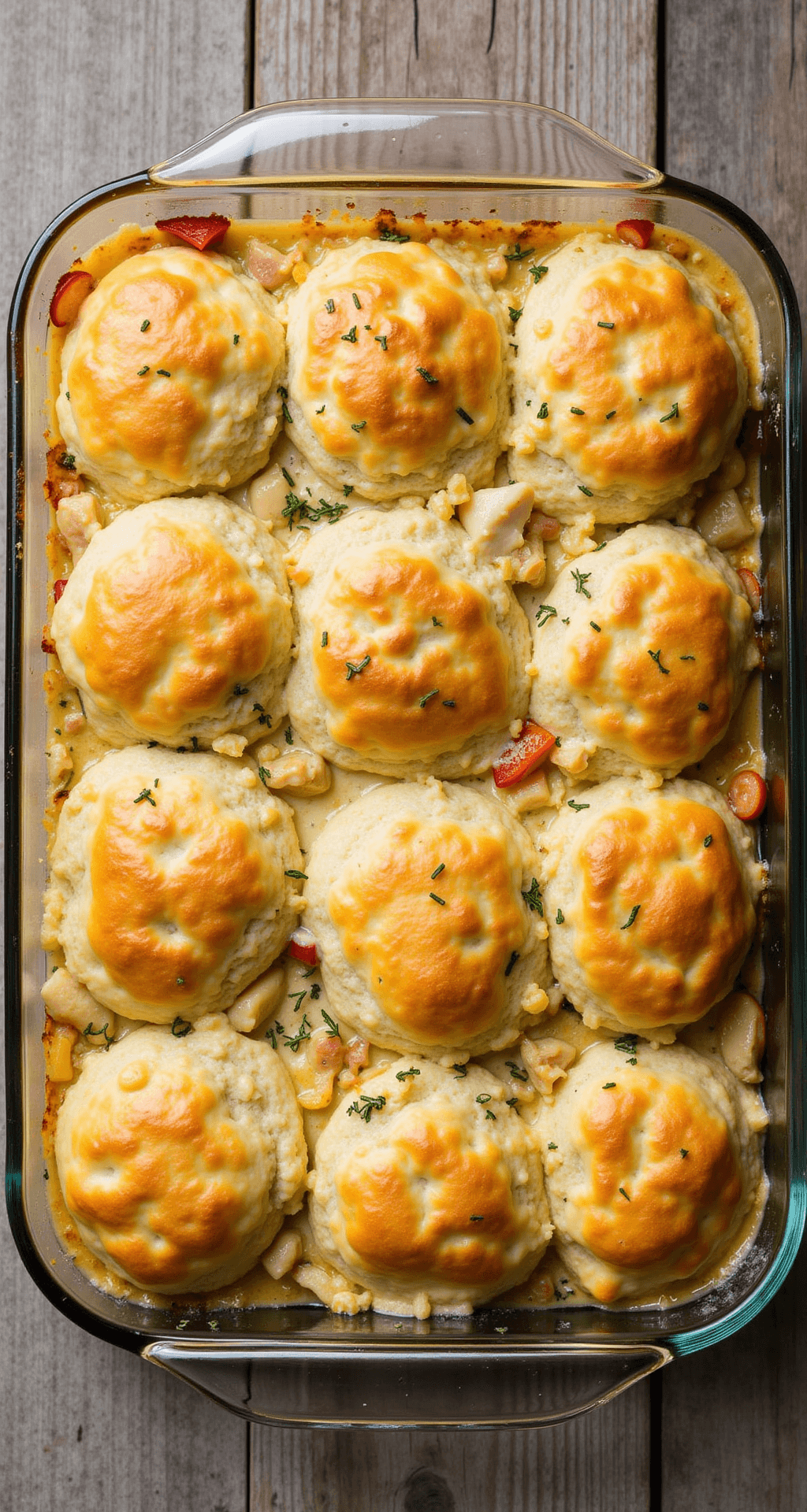 Chicken and Biscuits Casserole: The Ultimate Comfort Food Showstopper An overhead view of a bubbling casserole in a glass baking dish, featuring golden-brown biscuits atop a creamy chicken filling with visible chunks of chicken and colorful vegetables, garnished with fresh thyme on a wooden surface.