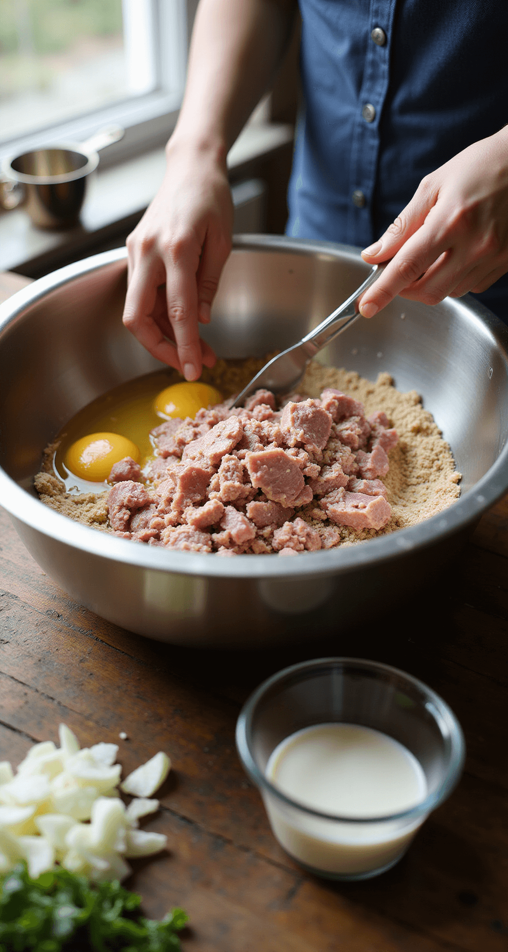 HAM LOAF: A CLASSIC MIDWEST COMFORT RECIPE Close-up of hands mixing ground ham and pork in a stainless steel bowl with beaten eggs and breadcrumbs, surrounded by fresh onions and milk on a rustic wooden countertop, illuminated by natural light.