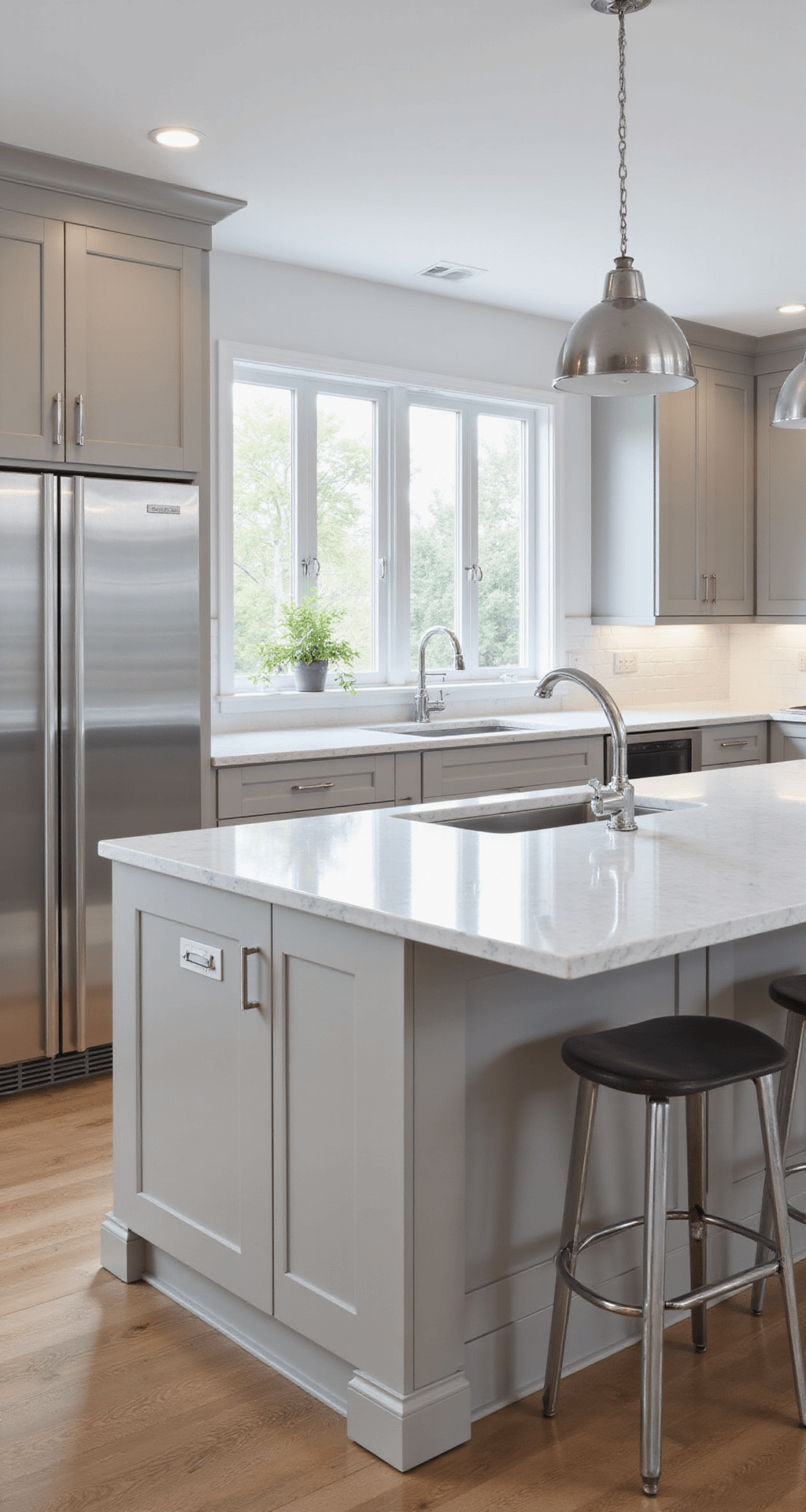 Light Gray Kitchen Cabinets: The Ultimate Design Solution for Modern Homes Modern minimalist kitchen featuring light gray shaker cabinets, a white quartz waterfall island, polished chrome hardware, and stainless appliances, all illuminated by morning light through floor-to-ceiling windows.
