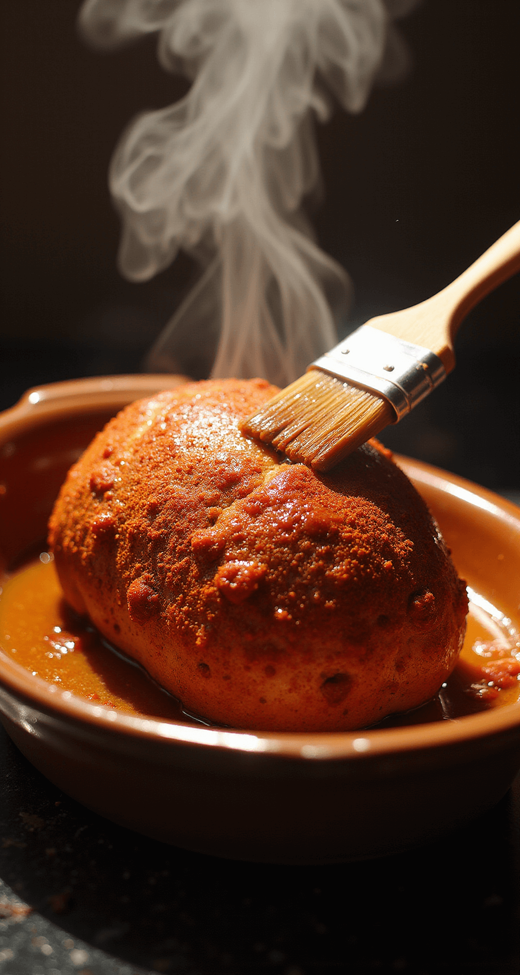 HAM LOAF: A CLASSIC MIDWEST COMFORT RECIPE Steam rises from a golden-brown ham loaf in a ceramic baking dish, glistening with caramelized glaze and mid-baste, with a pastry brush dripping amber glaze, all illuminated by warm oven light and accented with a paprika-dusted top.
