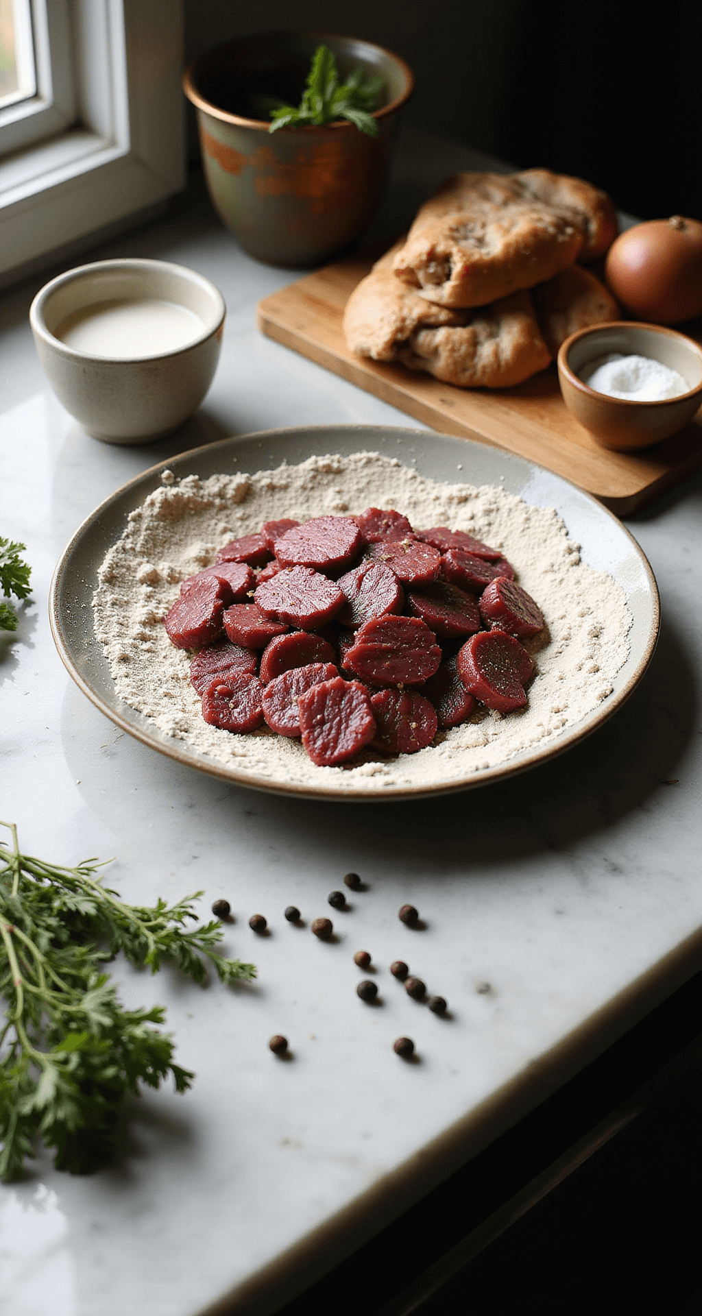 Classic Liver and Onions: A Comfort Food Masterpiece A professional kitchen scene featuring thinly sliced beef liver being dredged in seasoned flour on a marble countertop, with fresh herbs, a glass bowl of milk, a vintage cutting board, and scattered black peppercorns, all illuminated by dramatic side lighting.
